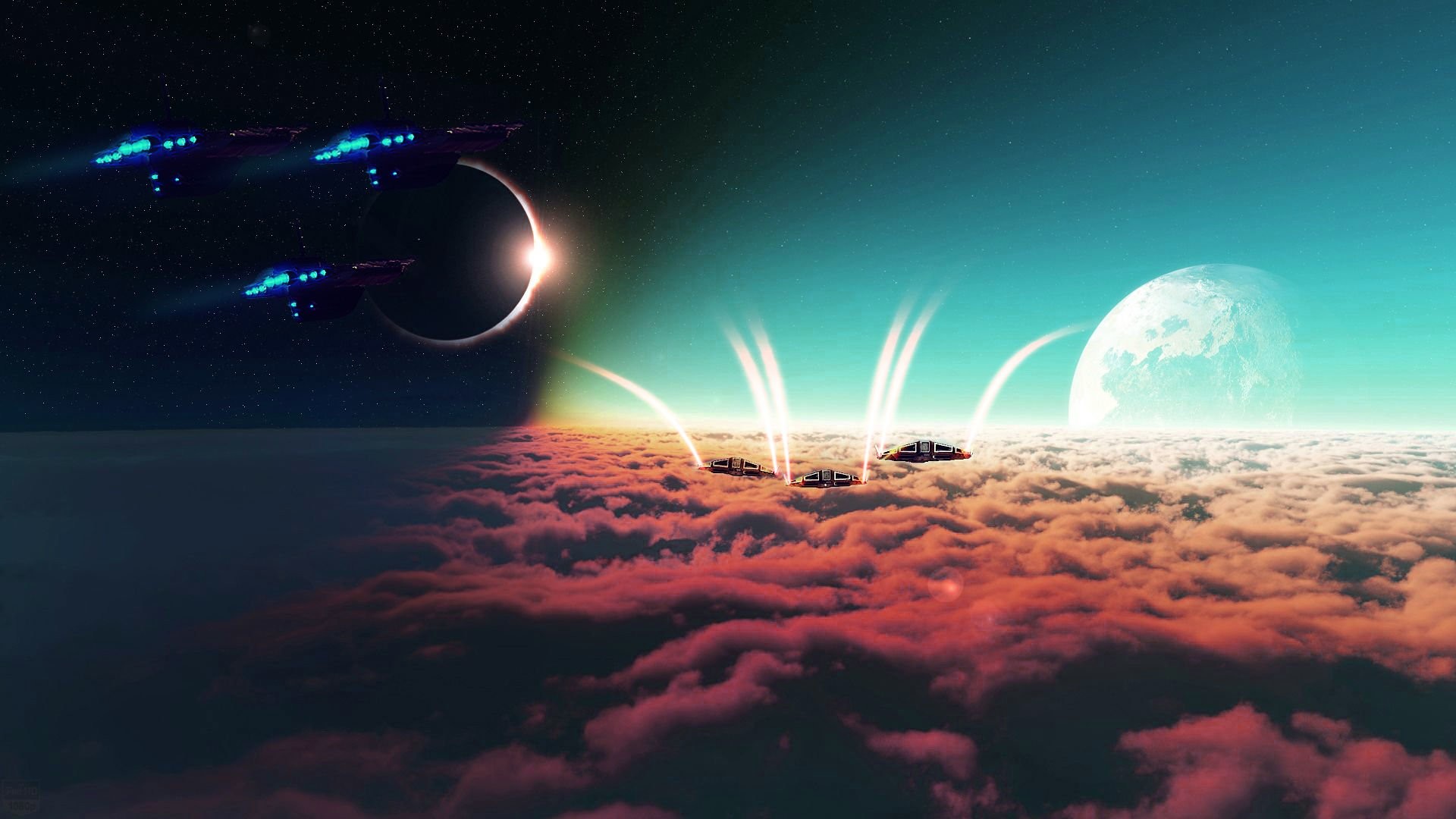 No Man's Sky, Astronavi, Nuvole, Pianeta, 16:9 Full HD, sfondo widescreen