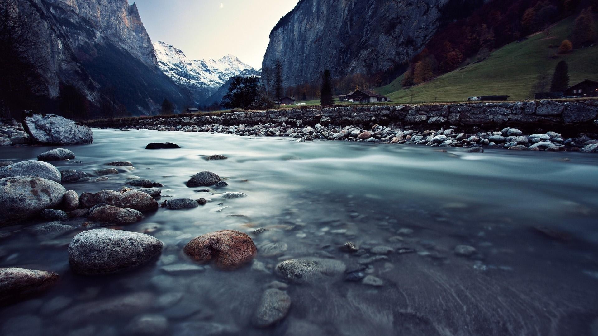Lauterbrunnen, Svizzera, Fiume, Ciottoli, Montagne, Full HD, sfondo Windows 11