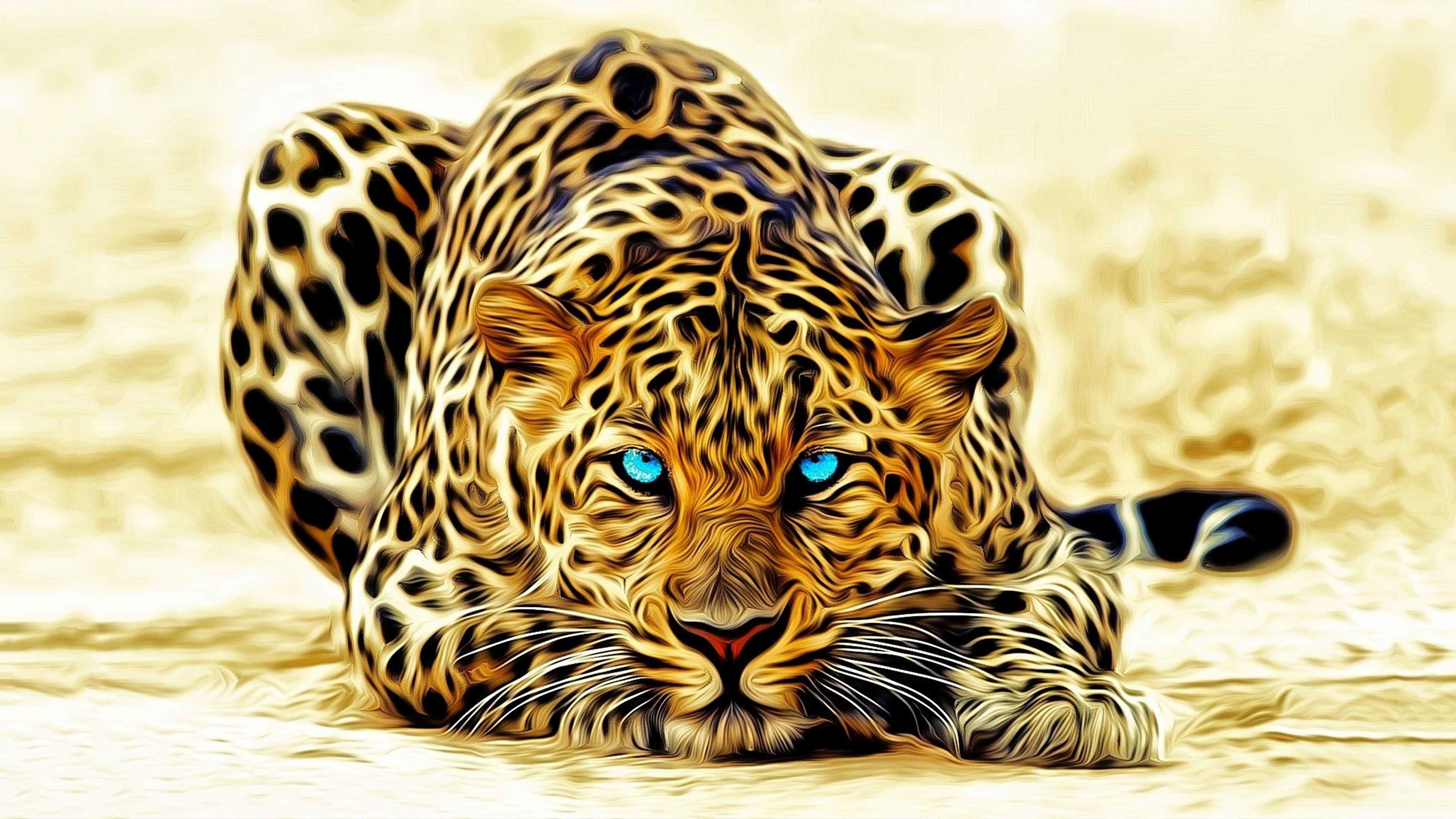 Leopardo, Arte frattale, Occhi azzurri, Felino, 4K, sfondo per PC e portatile