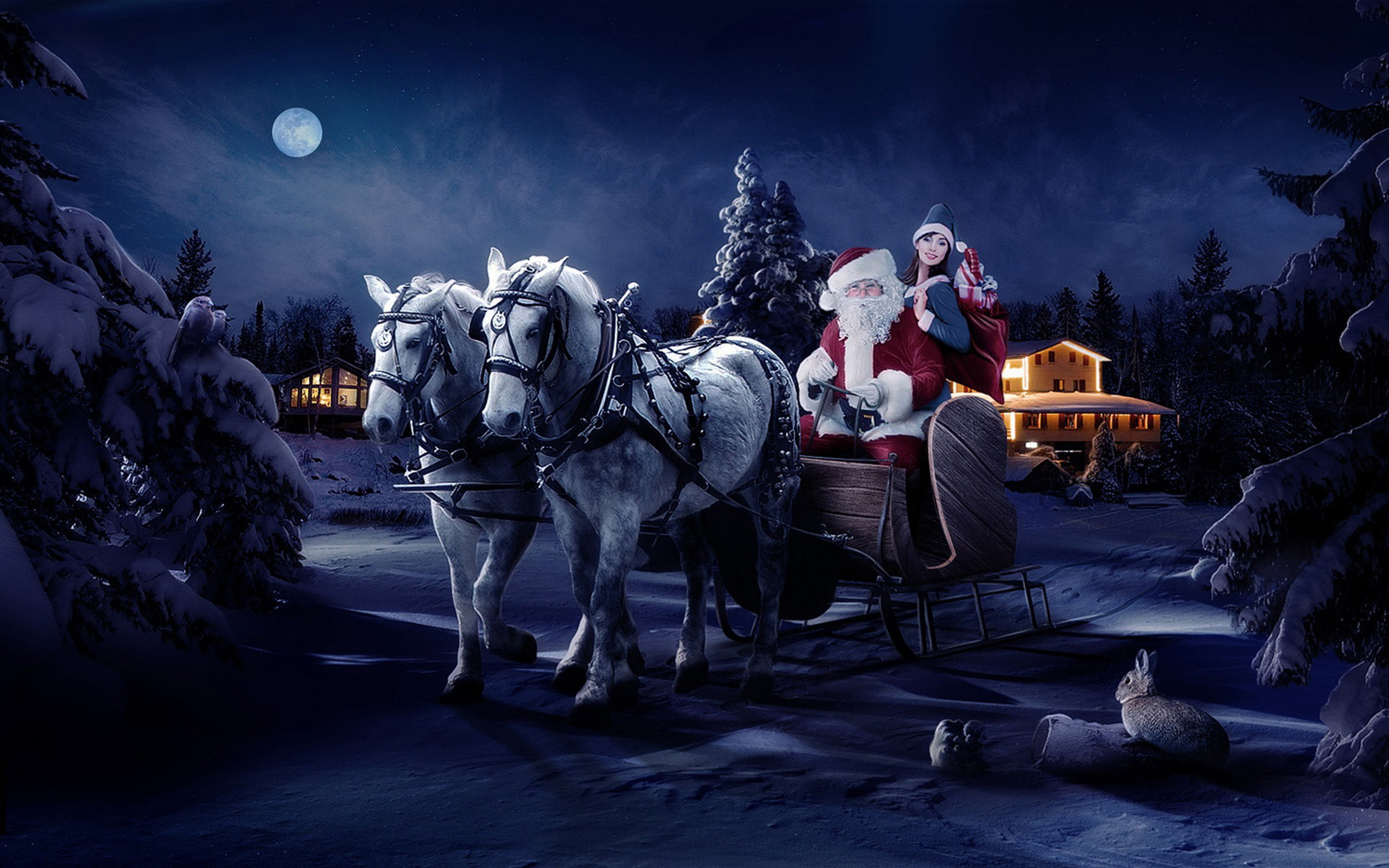 Babbo Natale, Slitta, Cavalli bianchi, Natale, Notte innevata, 2K, wallpaper desktop
