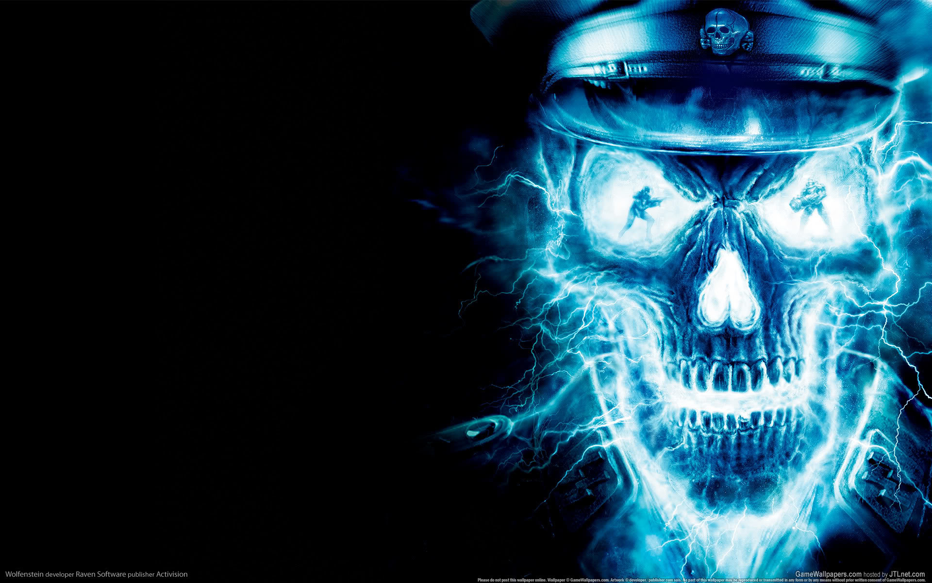 Teschio, Fiamme blu, Cappello da poliziotto, Sfondo nero, Full HD, wallpaper per PC