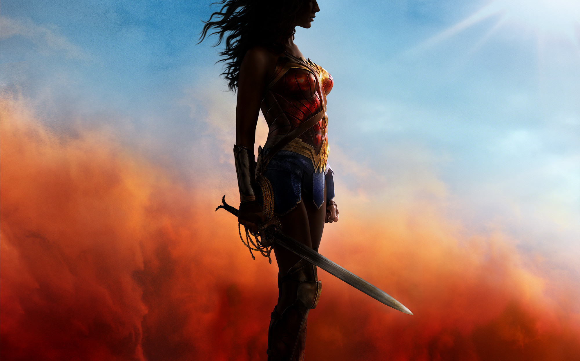 Wonder Woman, Gal Gadot, Wonder Woman (2017), Silhouette, Spada, wallpaper desktop Full HD