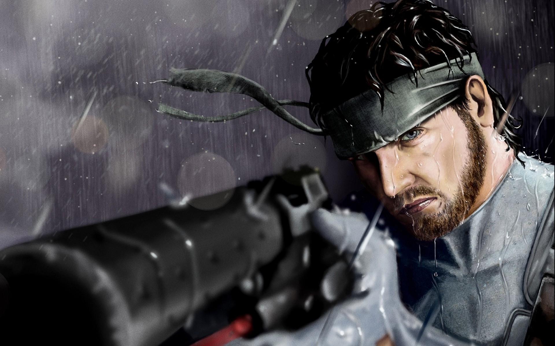 Old Snake, Metal Gear Solid 4: Guns of the Patriots, Pistola, Pioggia, sfondo 16:10 Full HD