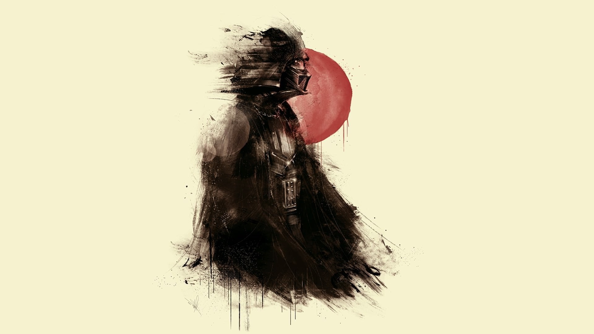Darth Vader, Acquerello, Sole rosso, Minimalismo, 16:9 Full HD, sfondo widescreen