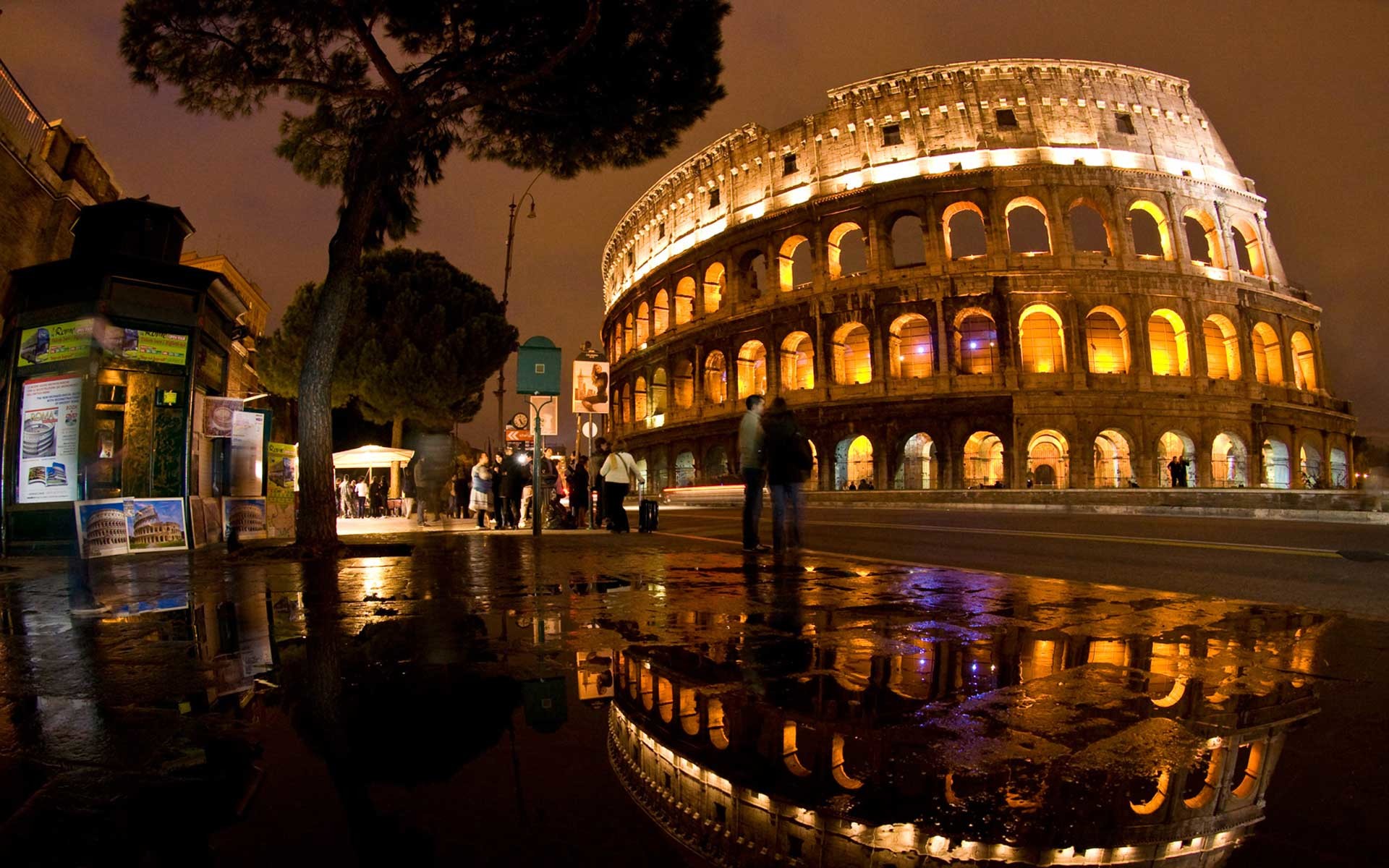 Colosseo, Roma, Notte, Riflesso, Pioggia, 16:10 Full HD, sfondo widescreen