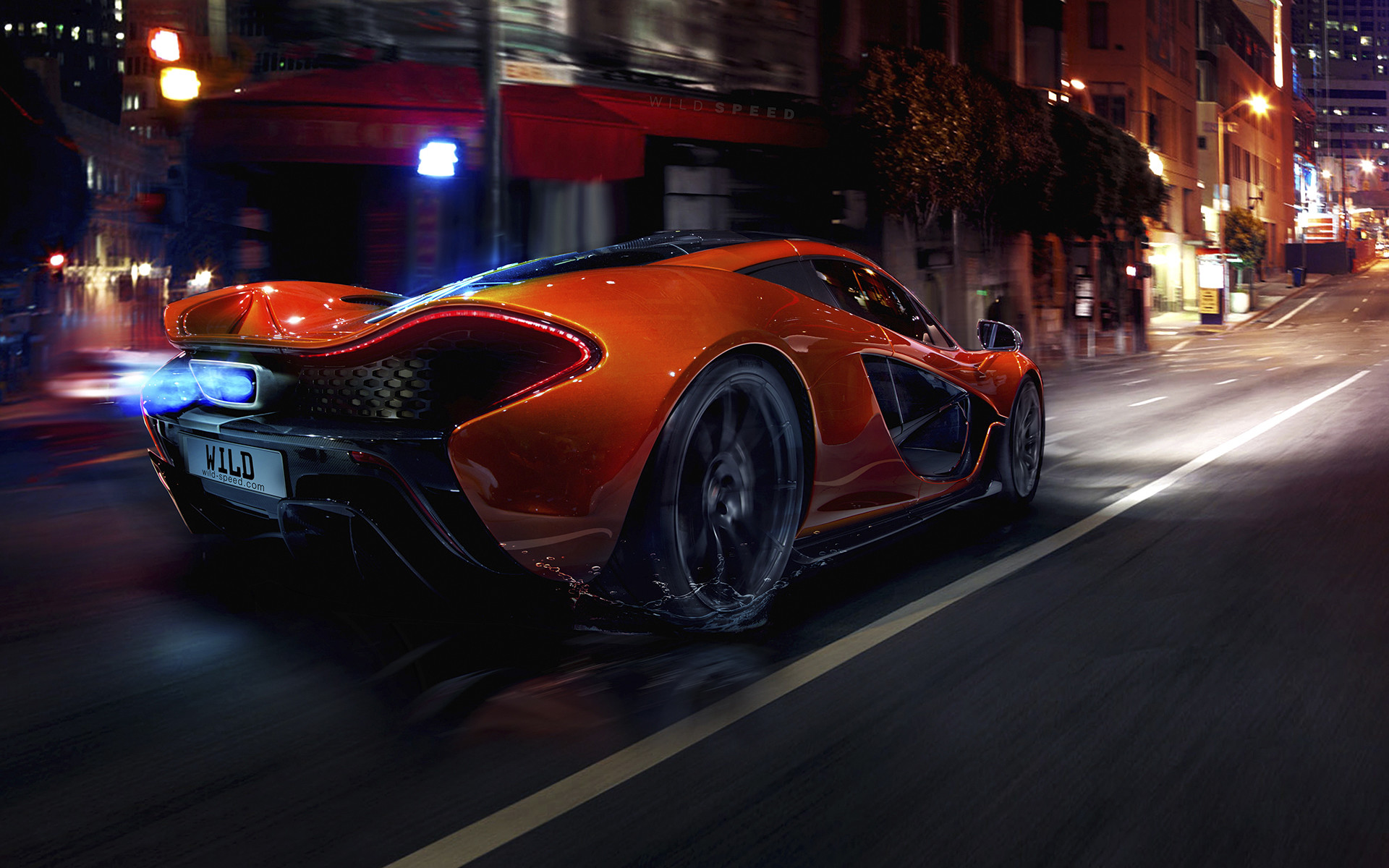 McLaren P1, Arancione, Città notturna, Fiamme di scarico, 1920x1200, sfondo MacBook Pro
