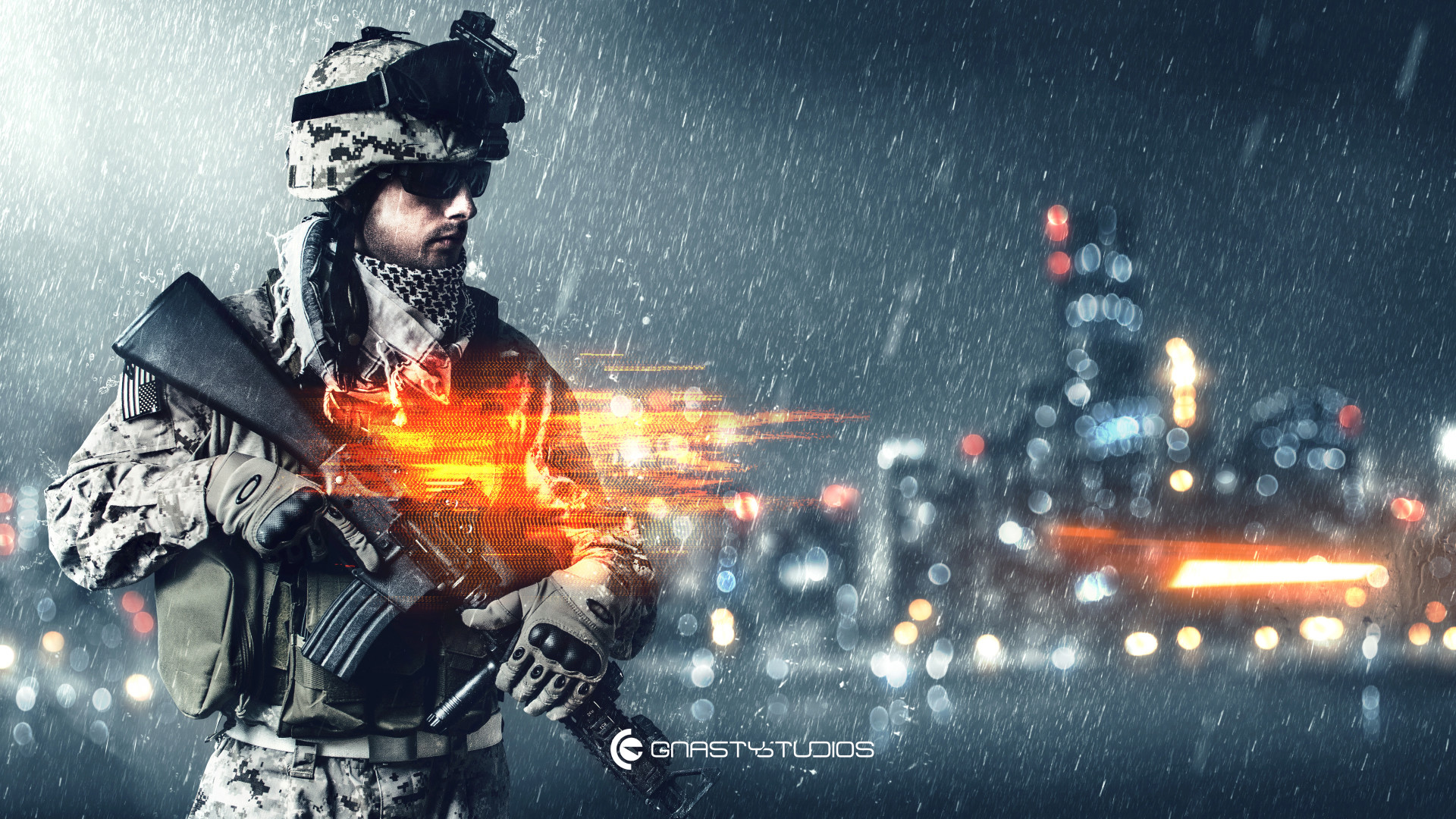 Battlefield 4, Soldato, Fucile d'assalto, Pioggia, Città notturna, sfondo 1920x1080 per PC