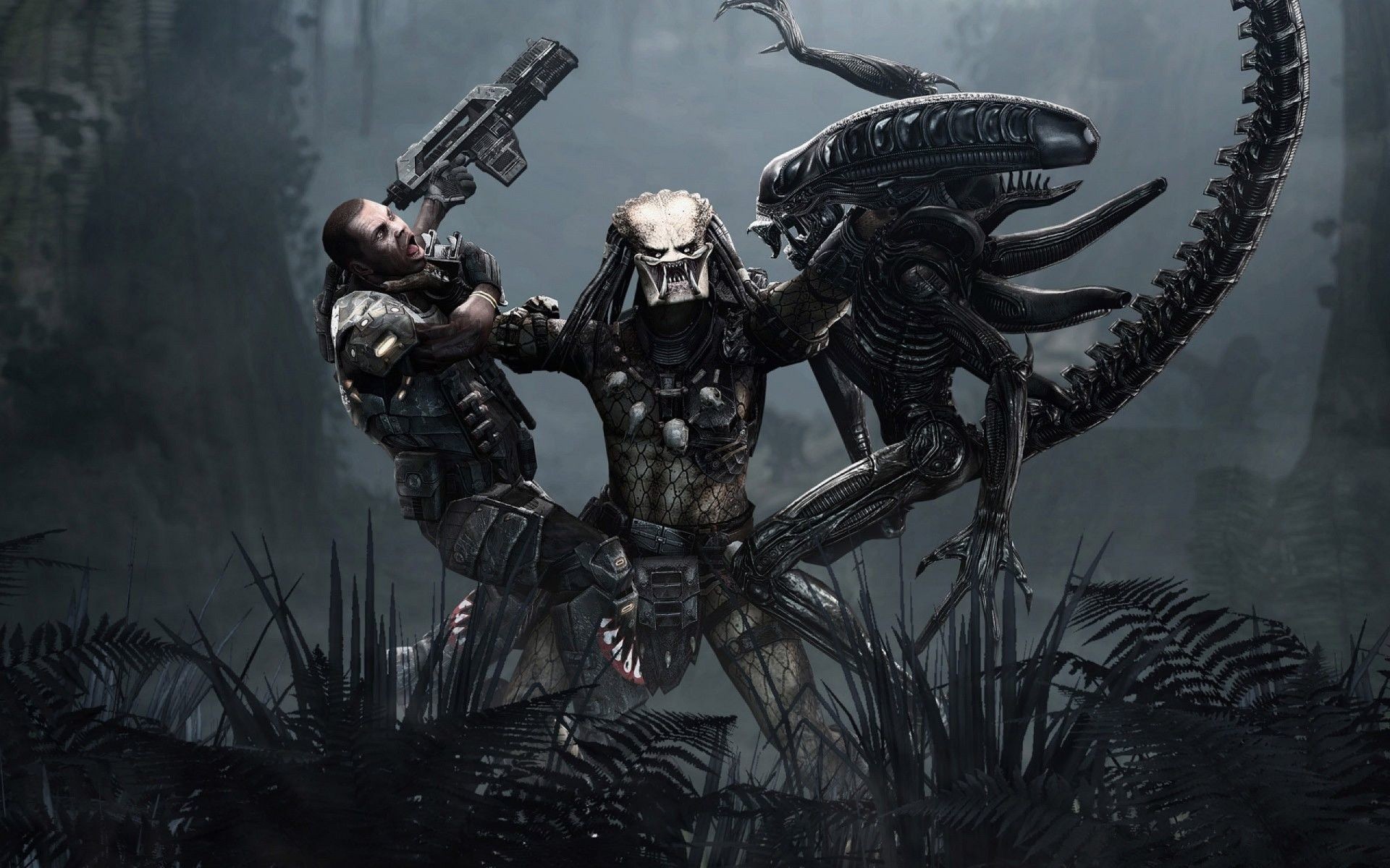 Aliens vs. Predator, Xenomorfo, Predator, Marine, Battaglia, 1920x1200, sfondo per PC