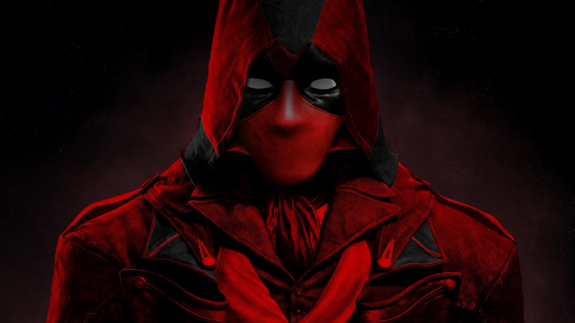 Deadpool, Cappuccio, Rosso, Sfondo nero, 1920x1080, wallpaper desktop