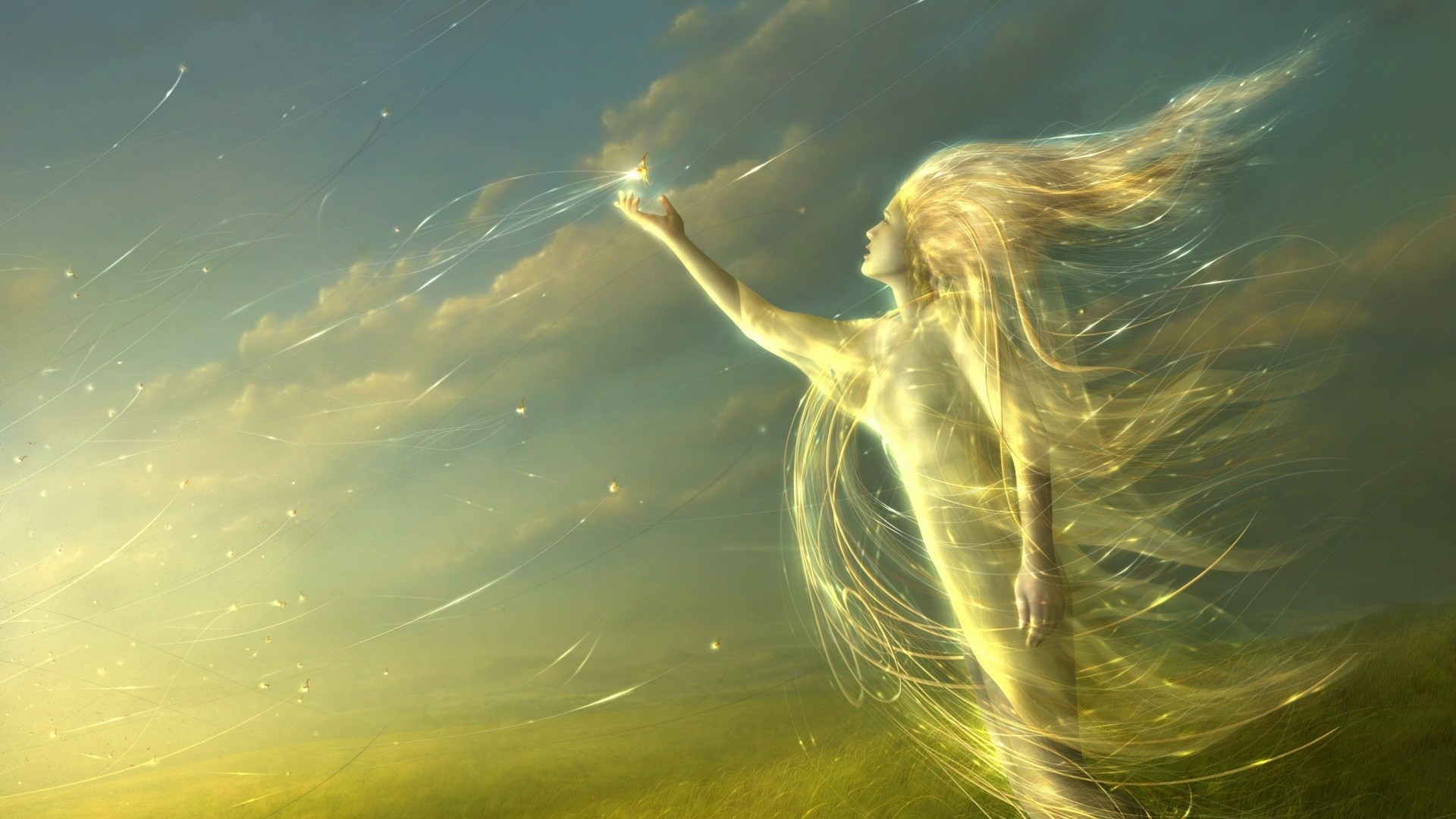 Angelo, Figura luminosa, Capelli al vento, Cielo, Arte fantasy, 1920x1080, immagine di sfondo