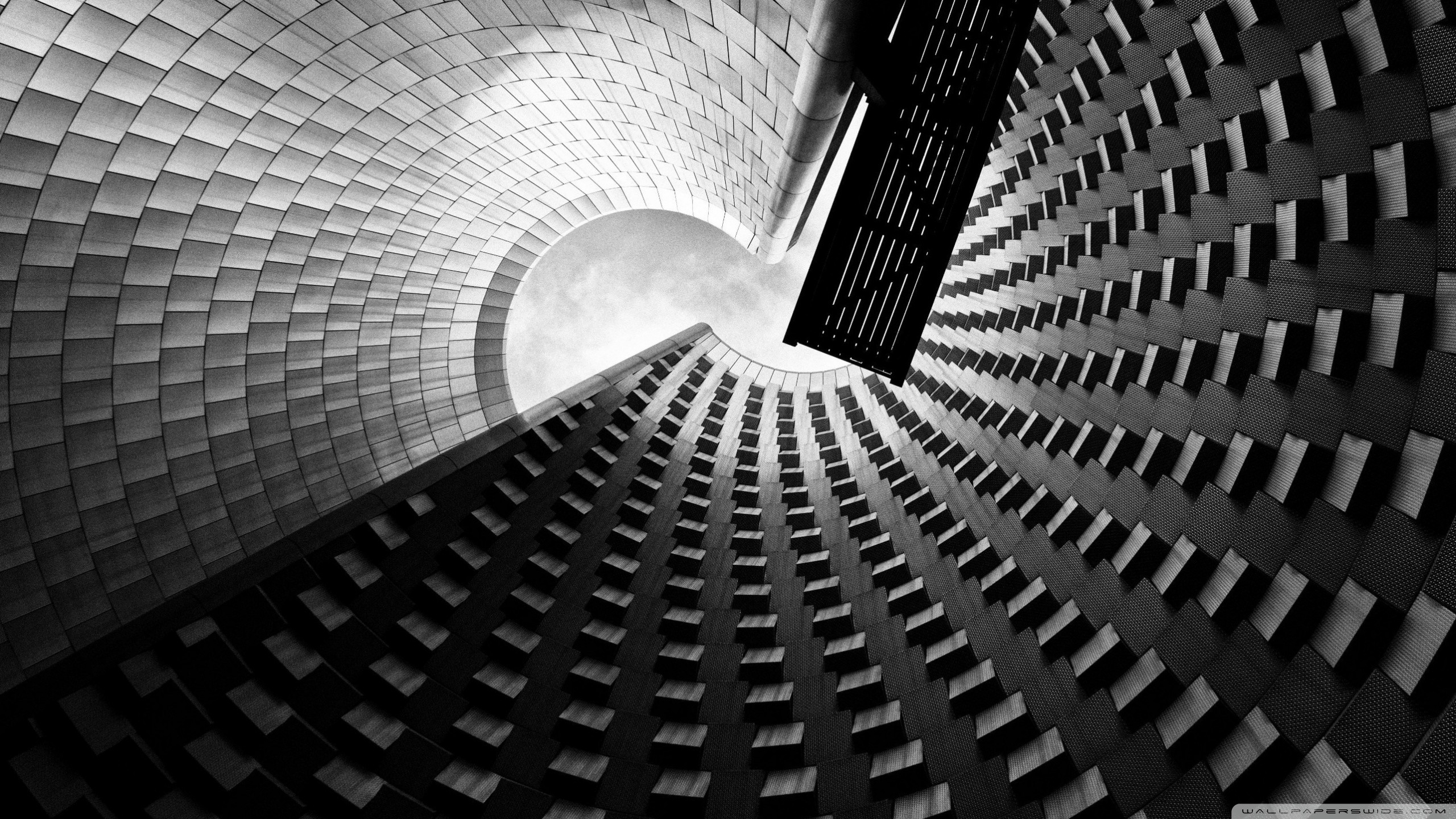 Architettura moderna, Vista dal basso, Bianco e nero, Geometrico, wallpaper desktop 2K