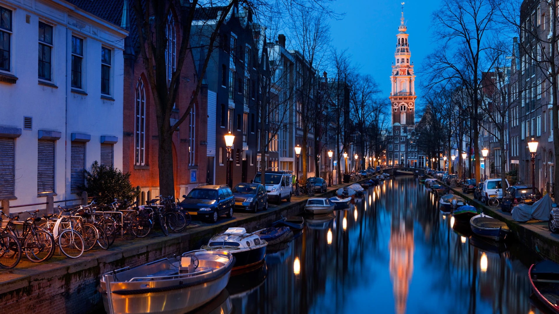 Amsterdam, Zuiderkerk, Groenburgwal, Canale, Sera, Biciclette, 16:9 Full HD, sfondo widescreen