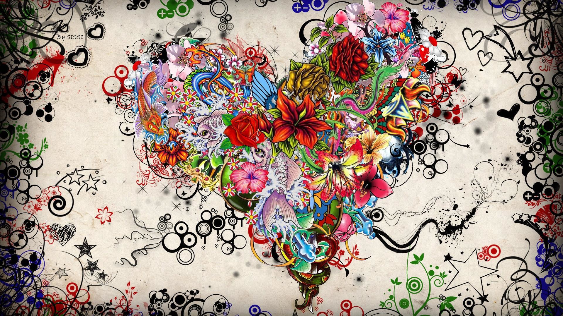 Cuore floreale, Arte astratta, Colori vivaci, Tatuaggio, Full HD, sfondo desktop