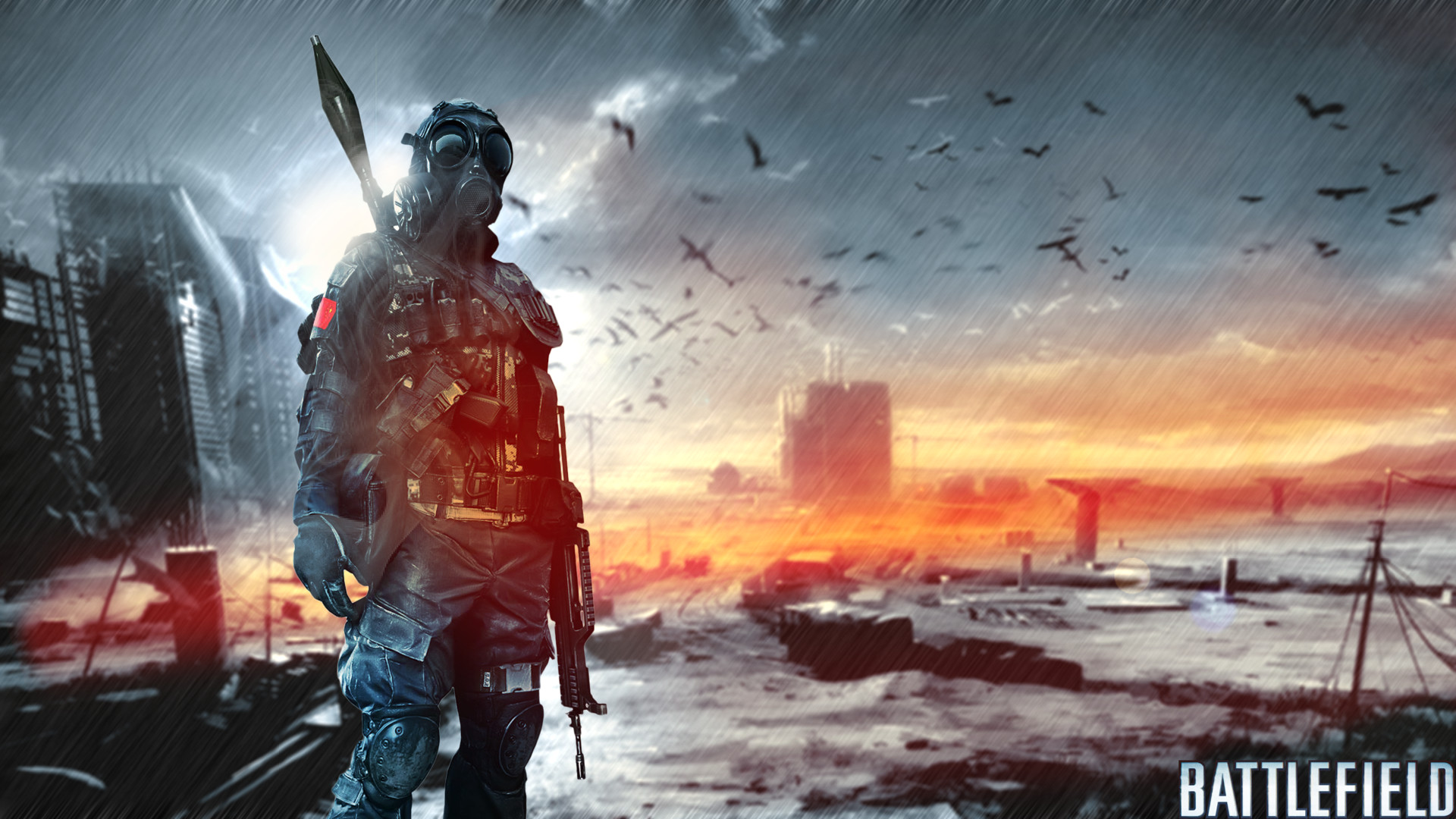 Battlefield 4, Soldato, Tramonto, Città distrutta, Uccelli, 16:9 Full HD, sfondo widescreen