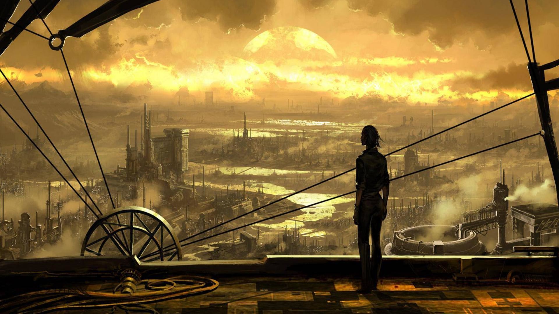 Città industriale, Silhouette, Dirigibile, Tramonto, Full HD, sfondo per PC