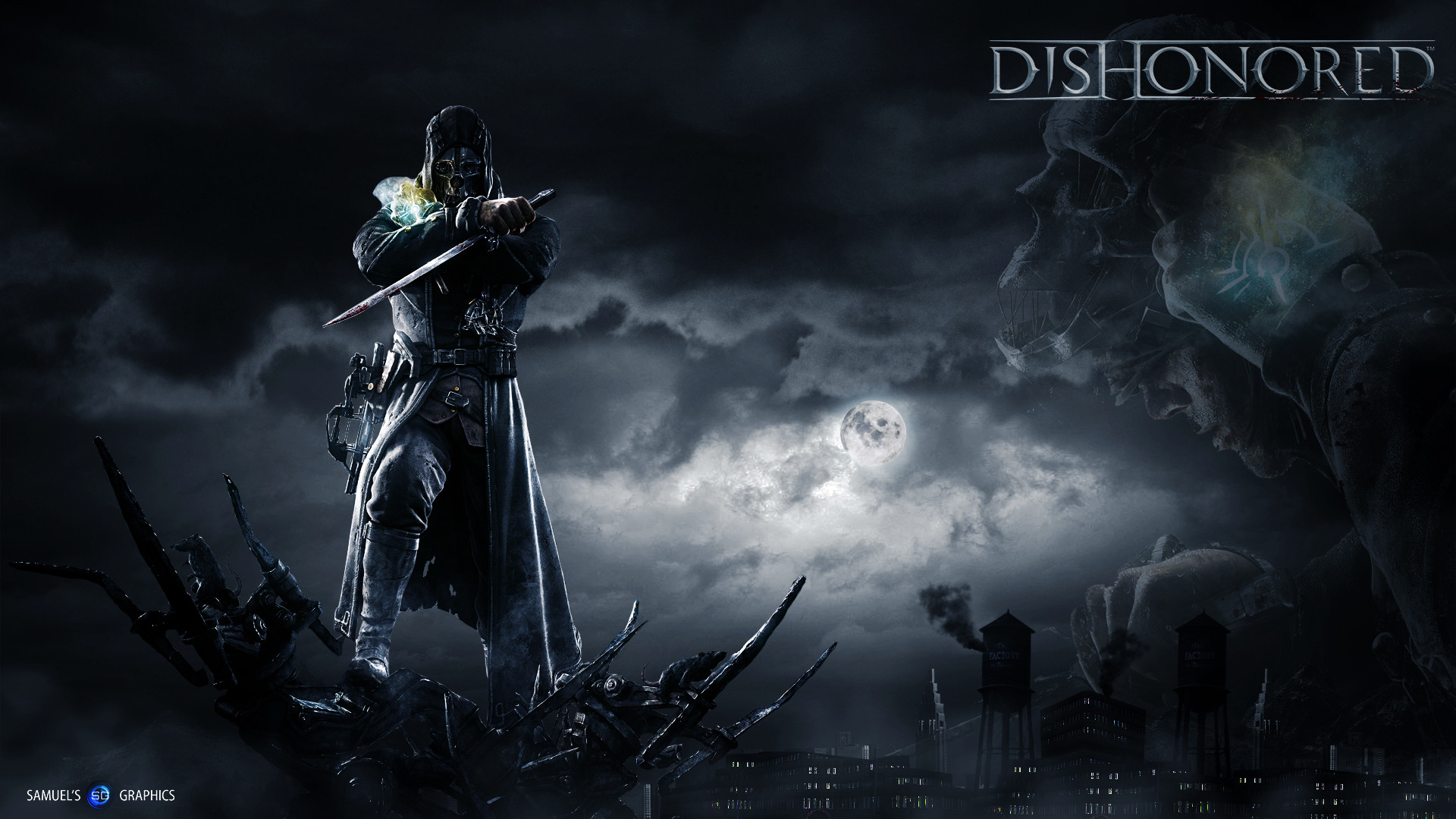 Corvo Attano, Dishonored, Logo, Luna, Nuvole, 1920x1080, immagine di sfondo