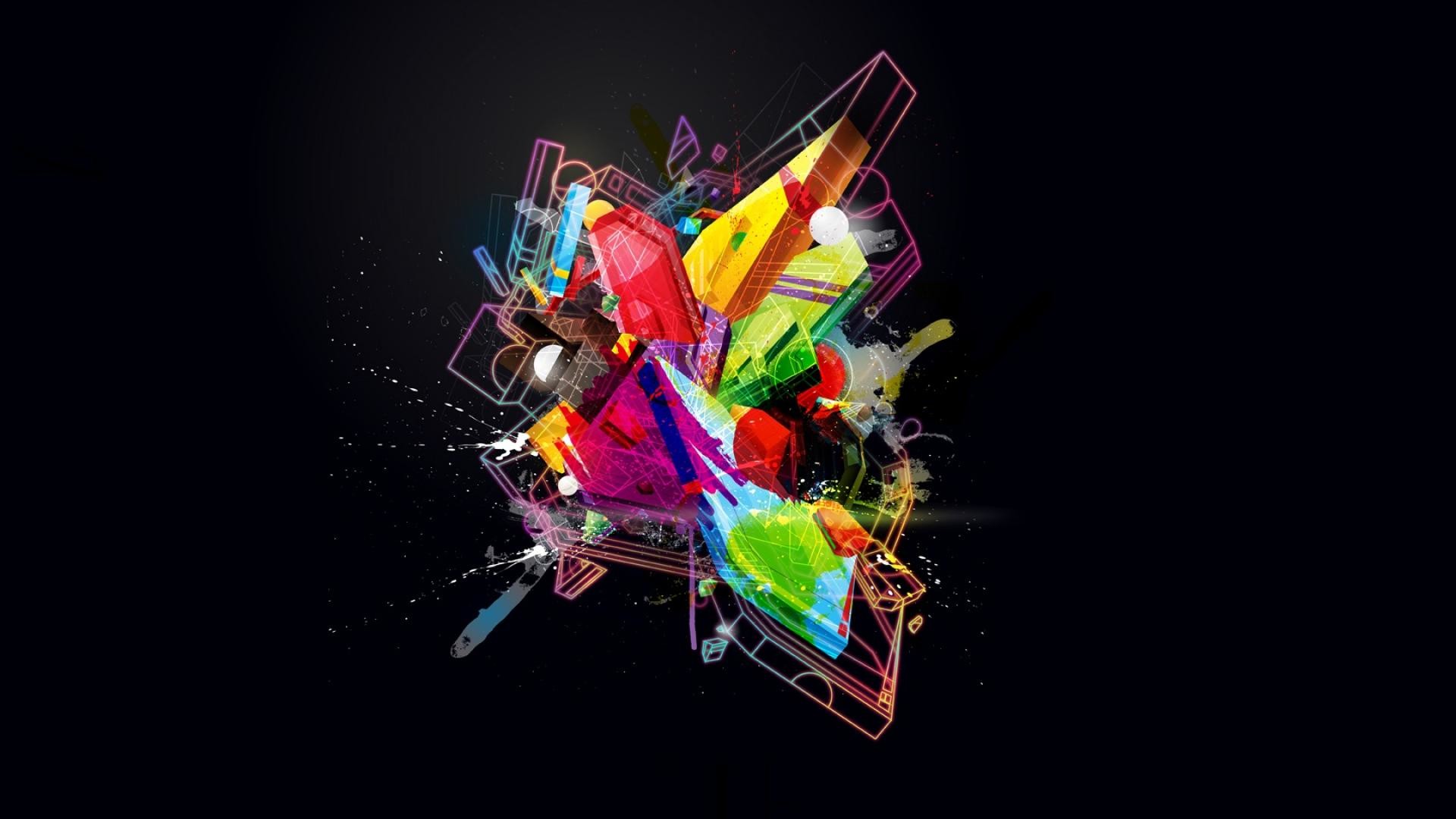 Forme astratte, Arte digitale, Multicolore, Sfondo nero, Full HD, wallpaper per desktop
