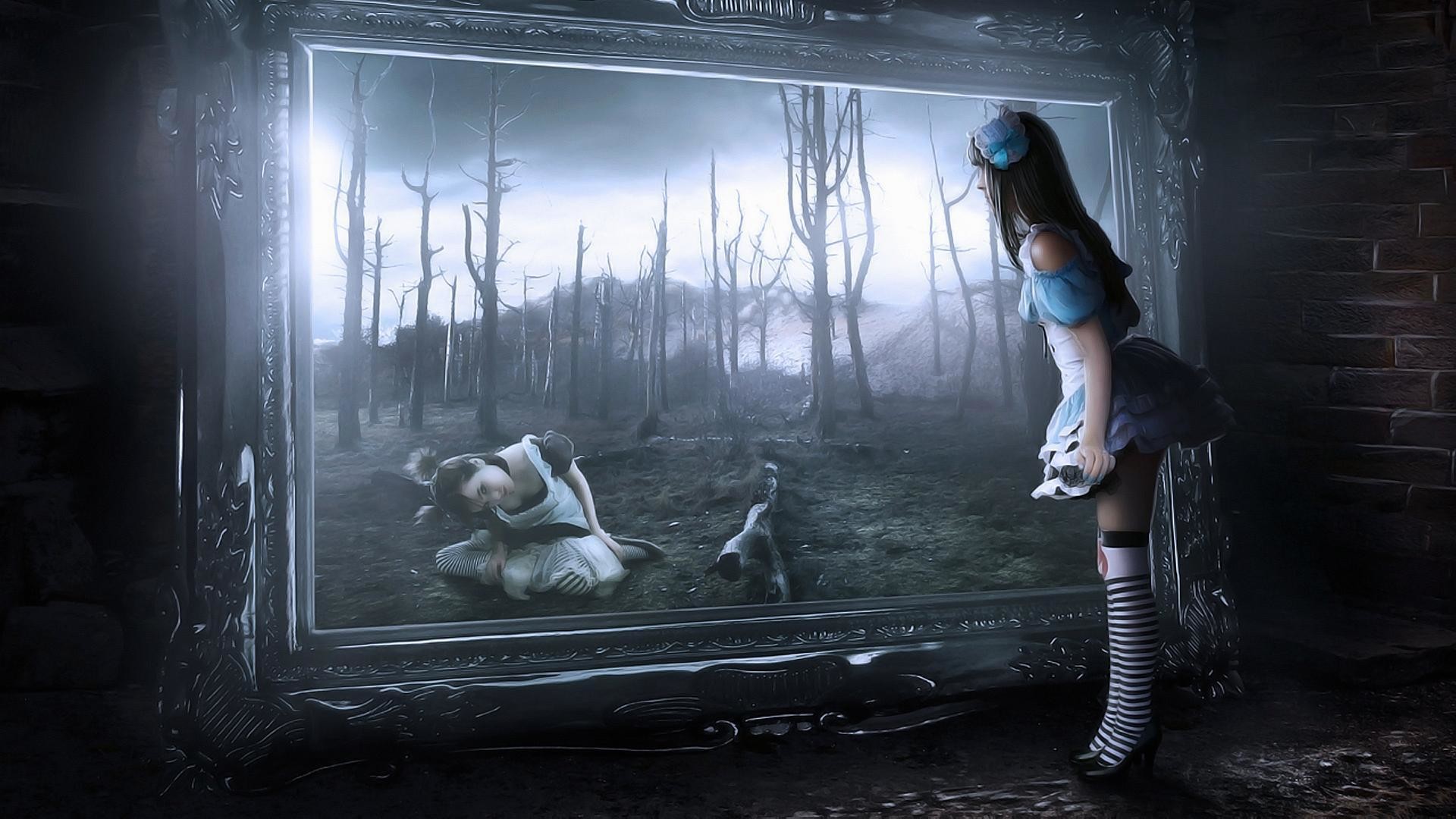Alice, Specchio, Bosco spoglio, Arte gotica, 1920x1080, sfondo per PC