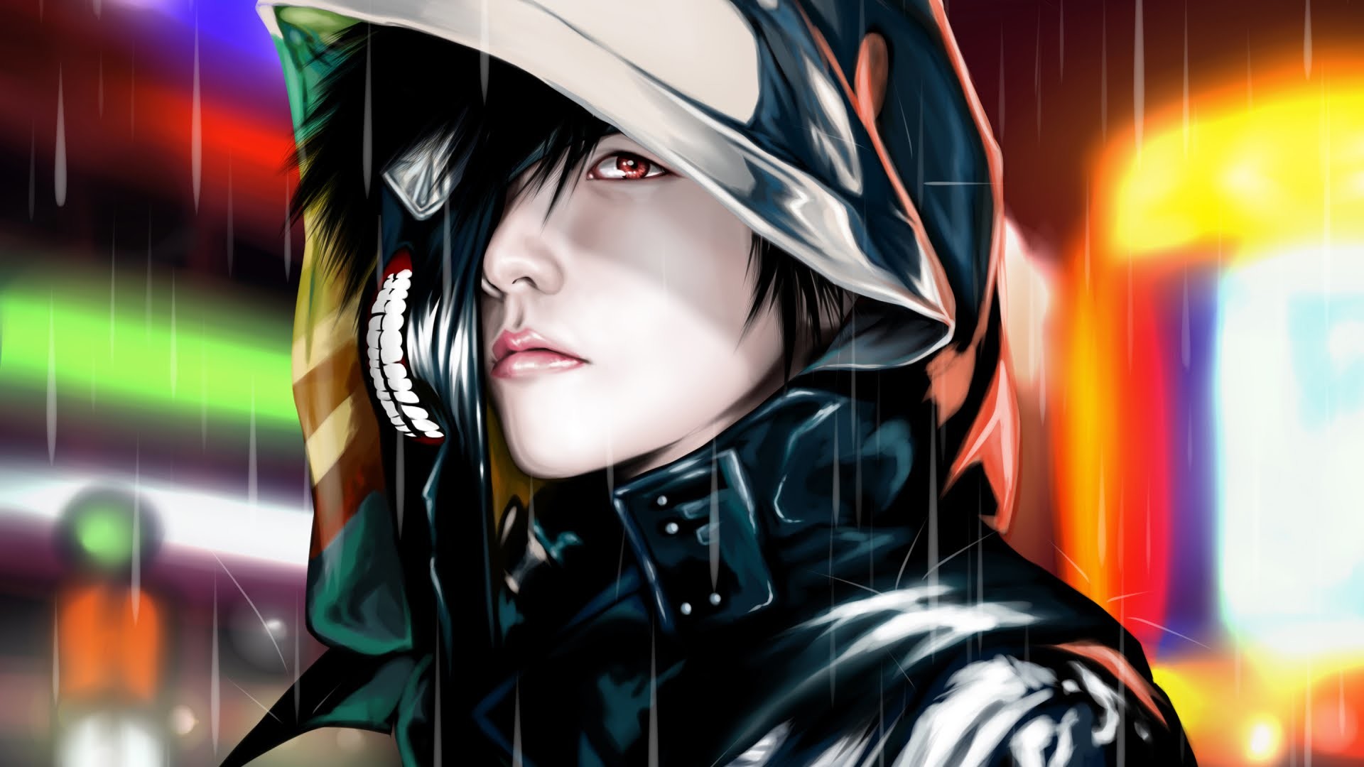 Ken Kaneki, Tokyo Ghoul, Maschera, Neon, Pioggia, 1920x1080, sfondo per PC