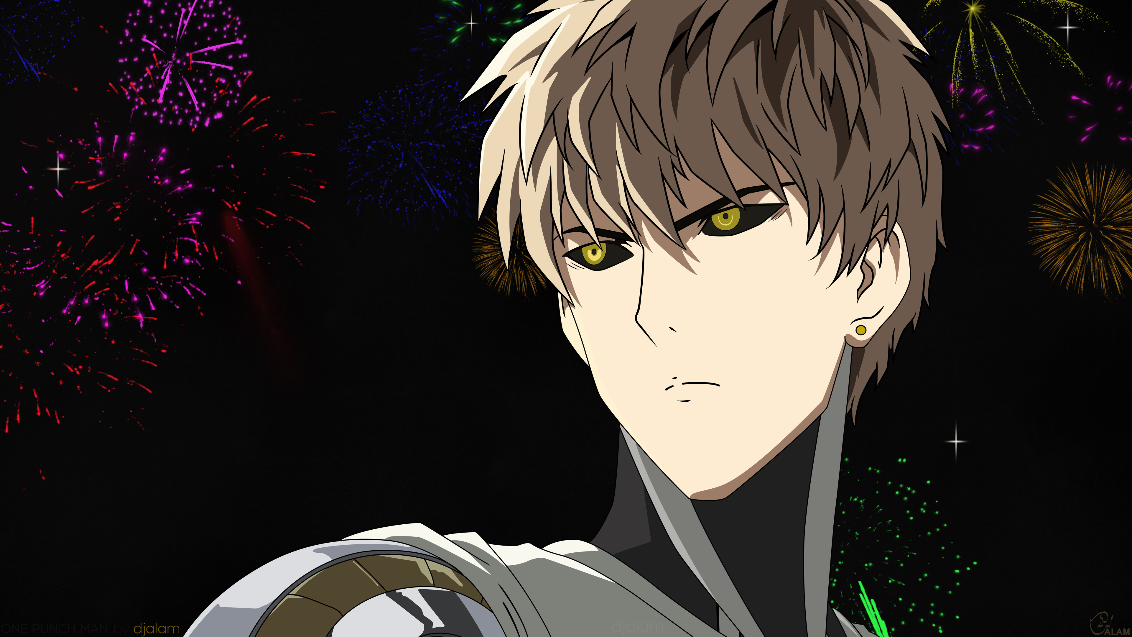 Genos, One Punch Man, Fuochi d'artificio, Notte, 16:9 4K, sfondo widescreen