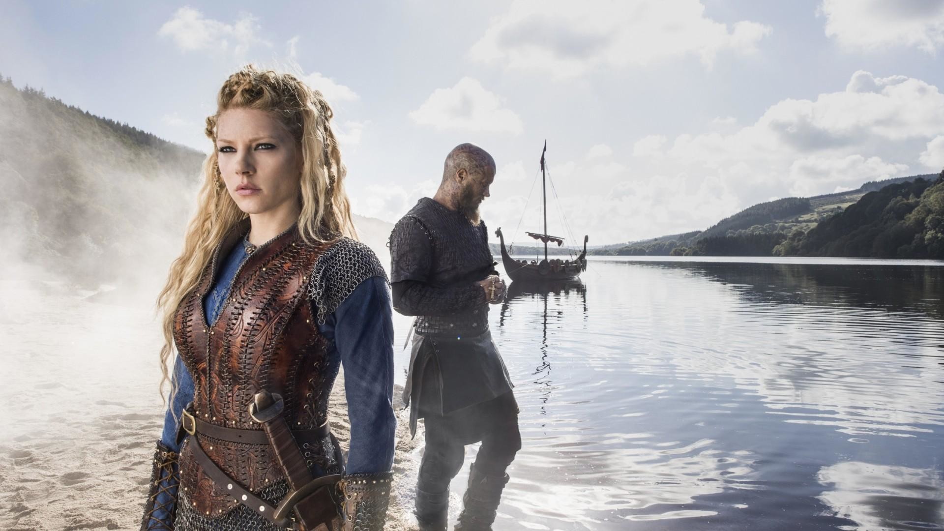 Lagertha, Ragnar Lothbrok, Vikings, Lago, Drakkar, Full HD, sfondo desktop