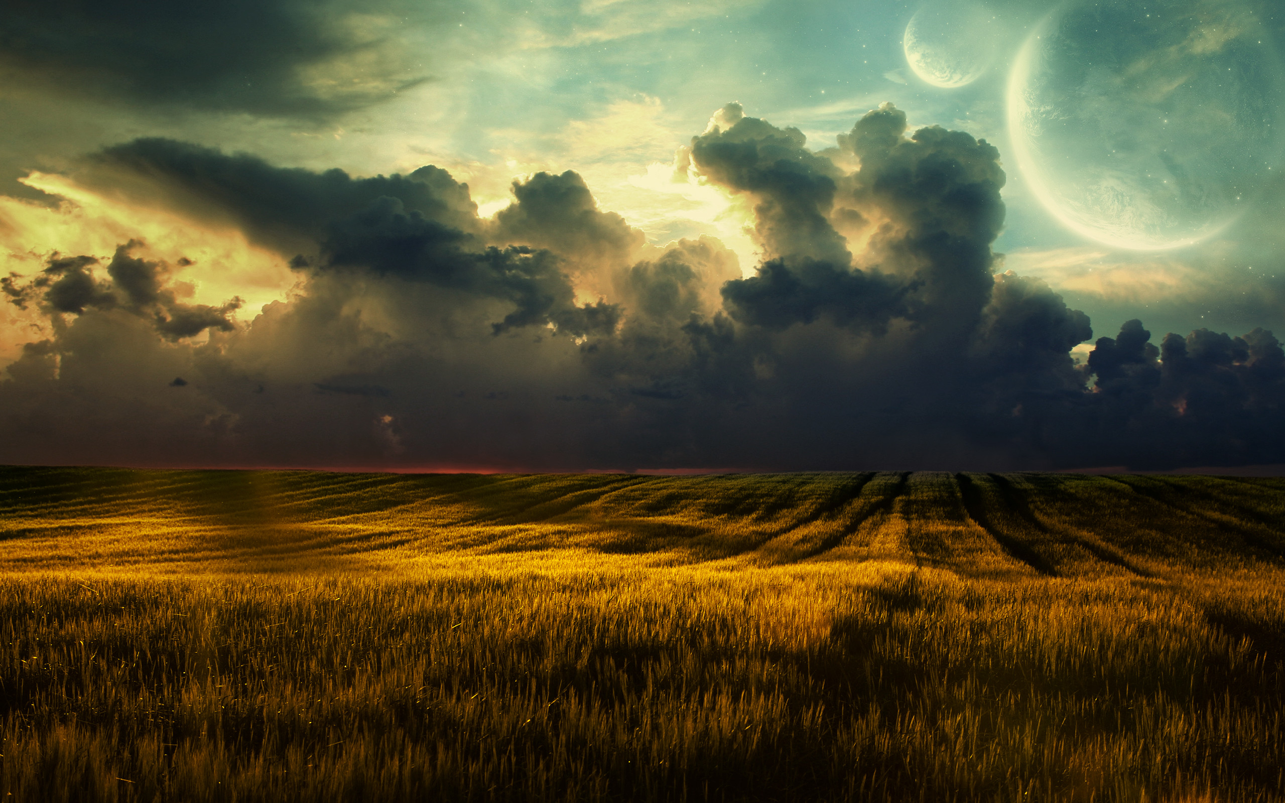 Campo di grano, Nuvole, Pianeti, Paesaggio surreale, 2K 1600p, sfondo desktop