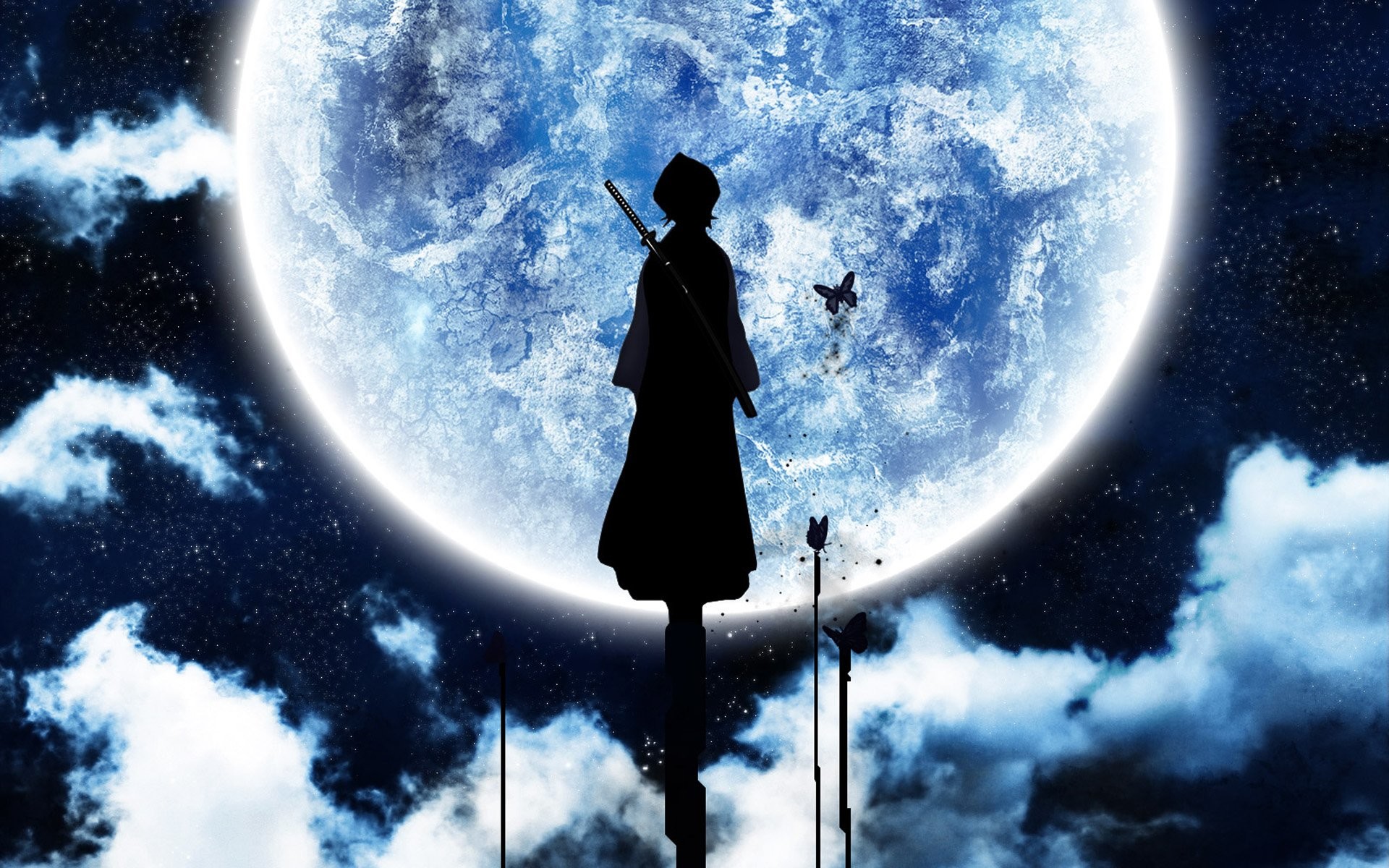 Rukia Kuchiki, Bleach, Luna piena, Silhouette, Nuvole, Full HD, sfondo Windows 11