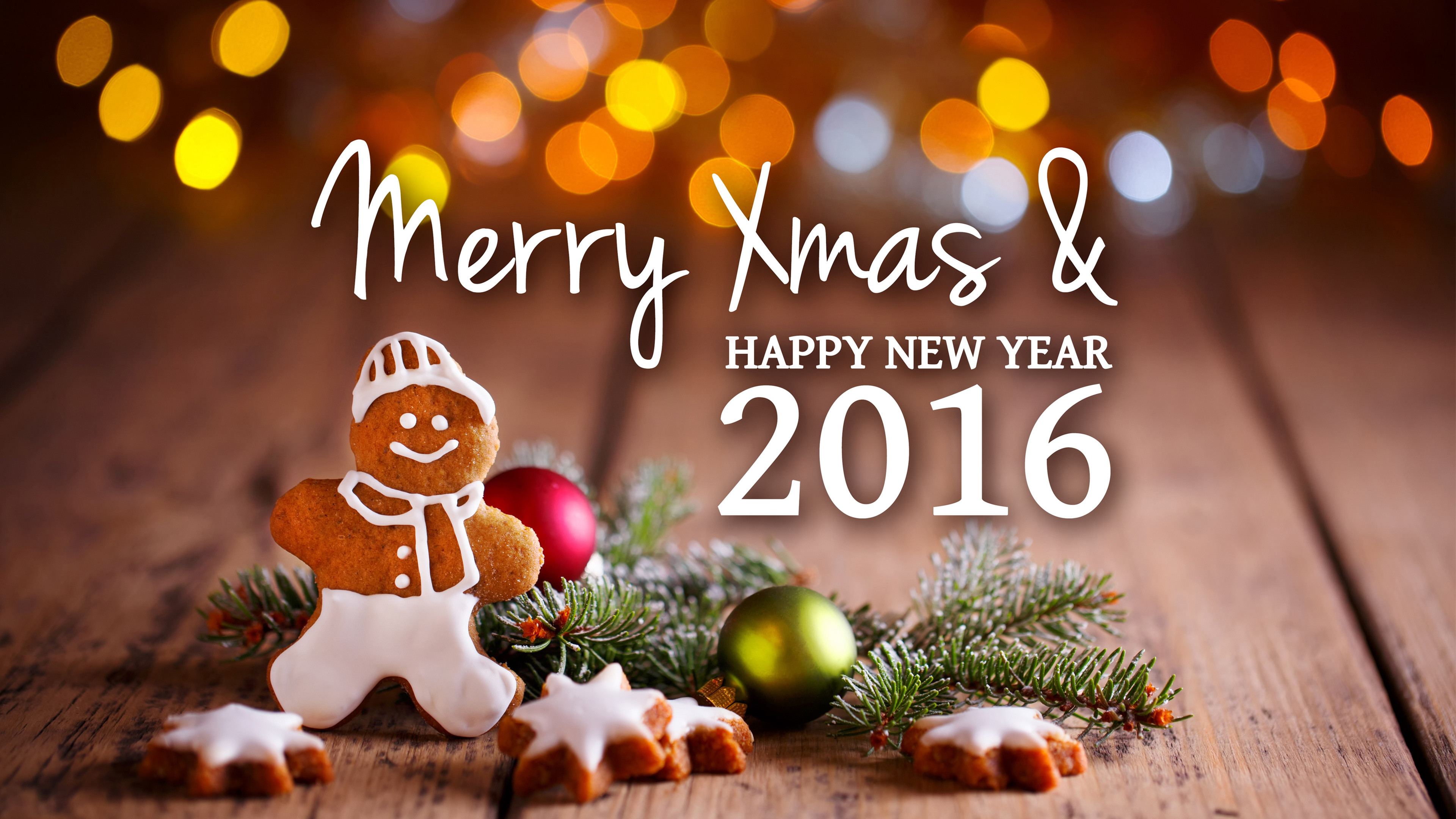 Omino di pan di zenzero, Merry Xmas, Buon Anno 2016, Biscotti, Legno, sfondo 4K per portatile