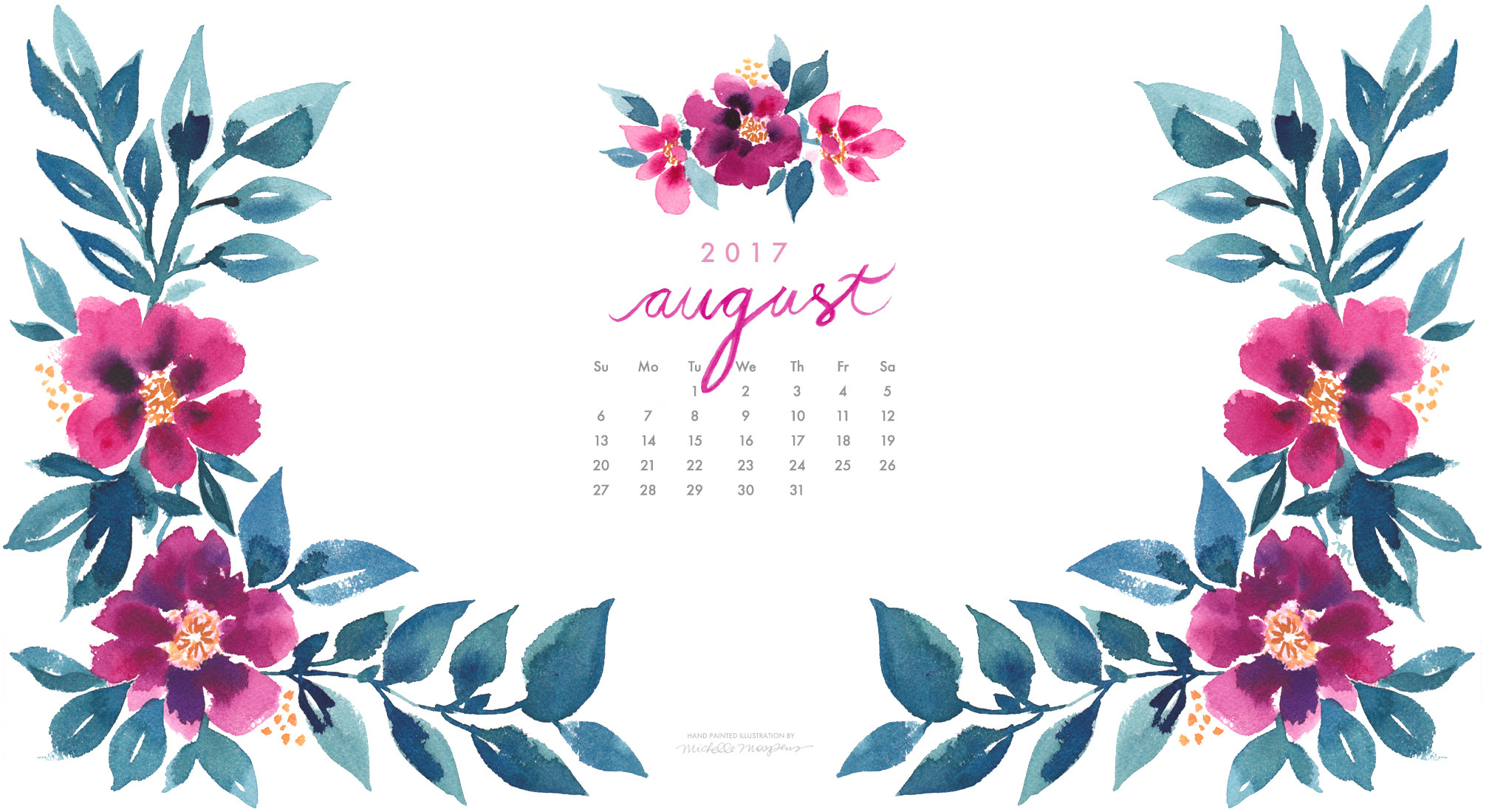 Calendario agosto 2017, Fiori, Acquerello, Foglie, Full HD, sfondo per PC e portatile