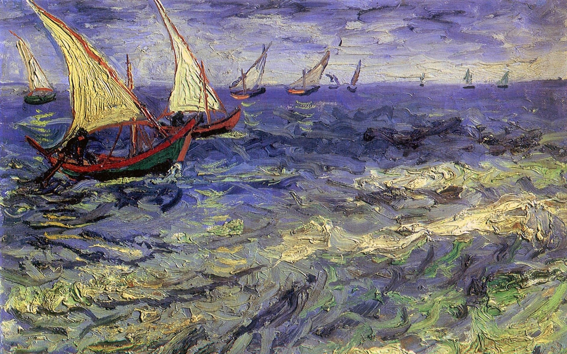 Marina a Saintes-Maries-de-la-Mer, Vincent van Gogh, Barche a vela, Mare in tempesta, Onde, sfondo per PC