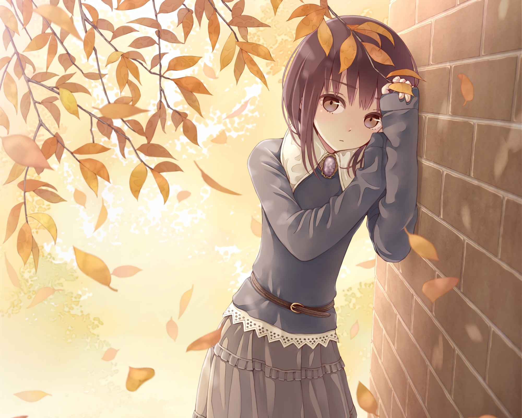 Ragazza anime, Foglie autunnali, Muro di mattoni, Autunno, Full HD, sfondo desktop