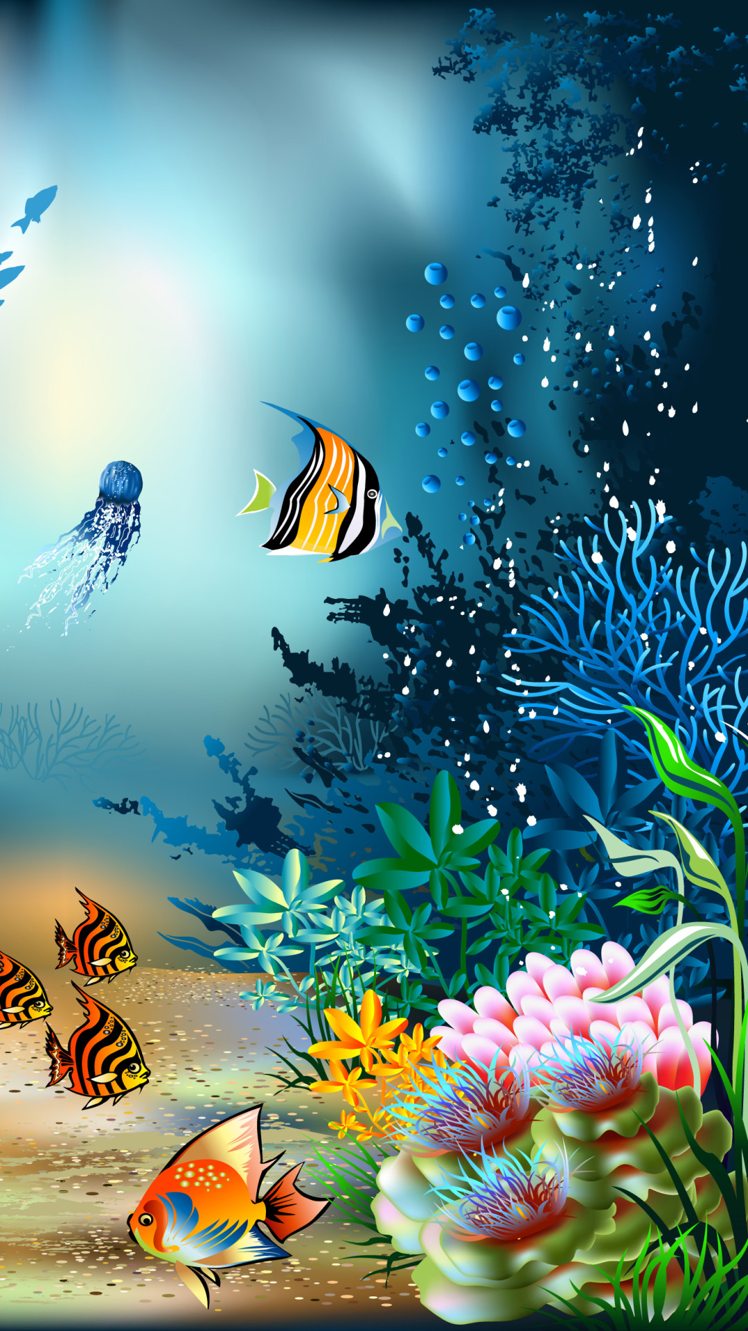 Pesci tropicali, Coralli, Medusa, Illustrazione, sfondo per iPhone e Android