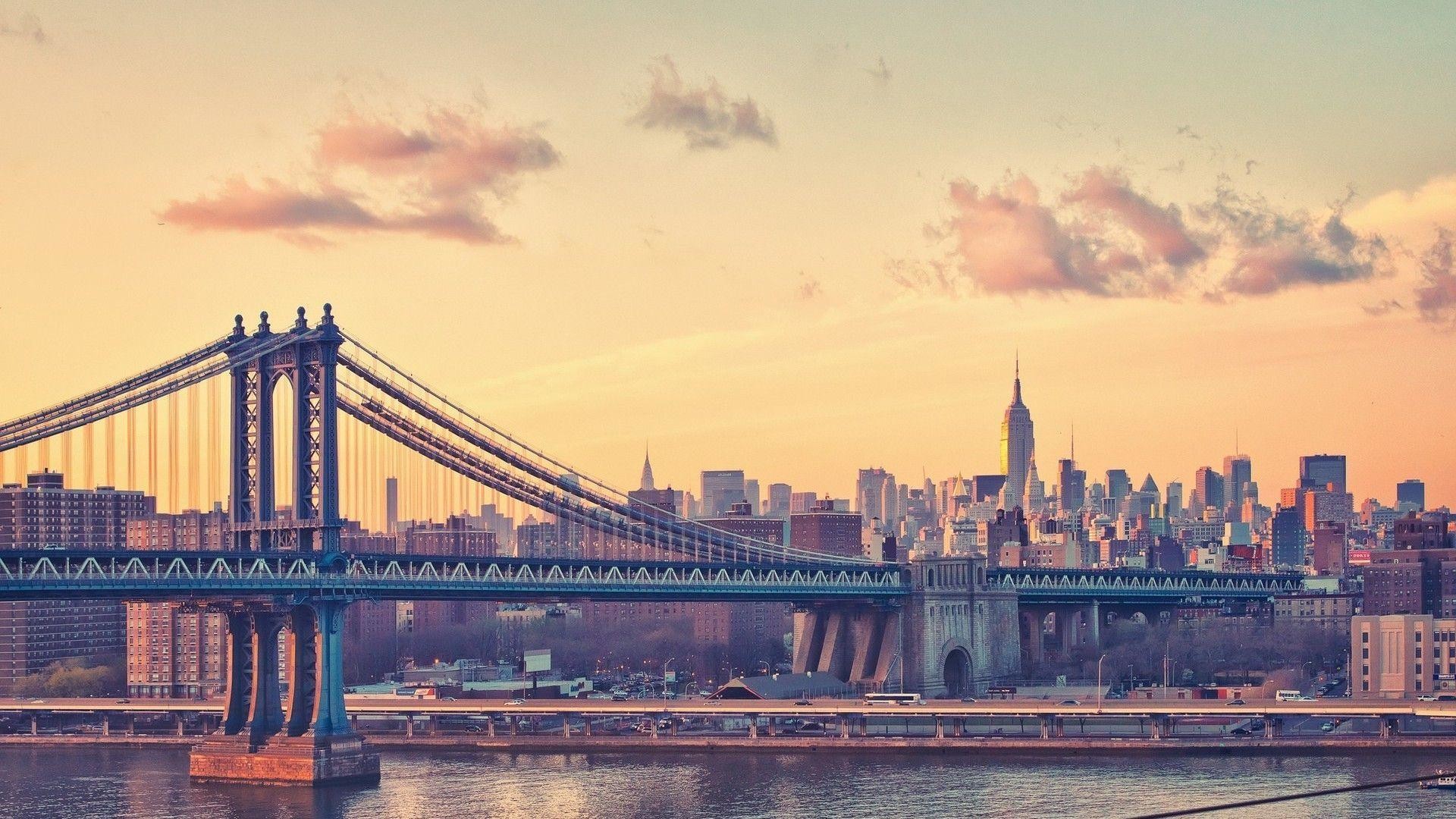 Manhattan Bridge, Skyline di Manhattan, New York, Tramonto, Full HD, sfondo Windows 11
