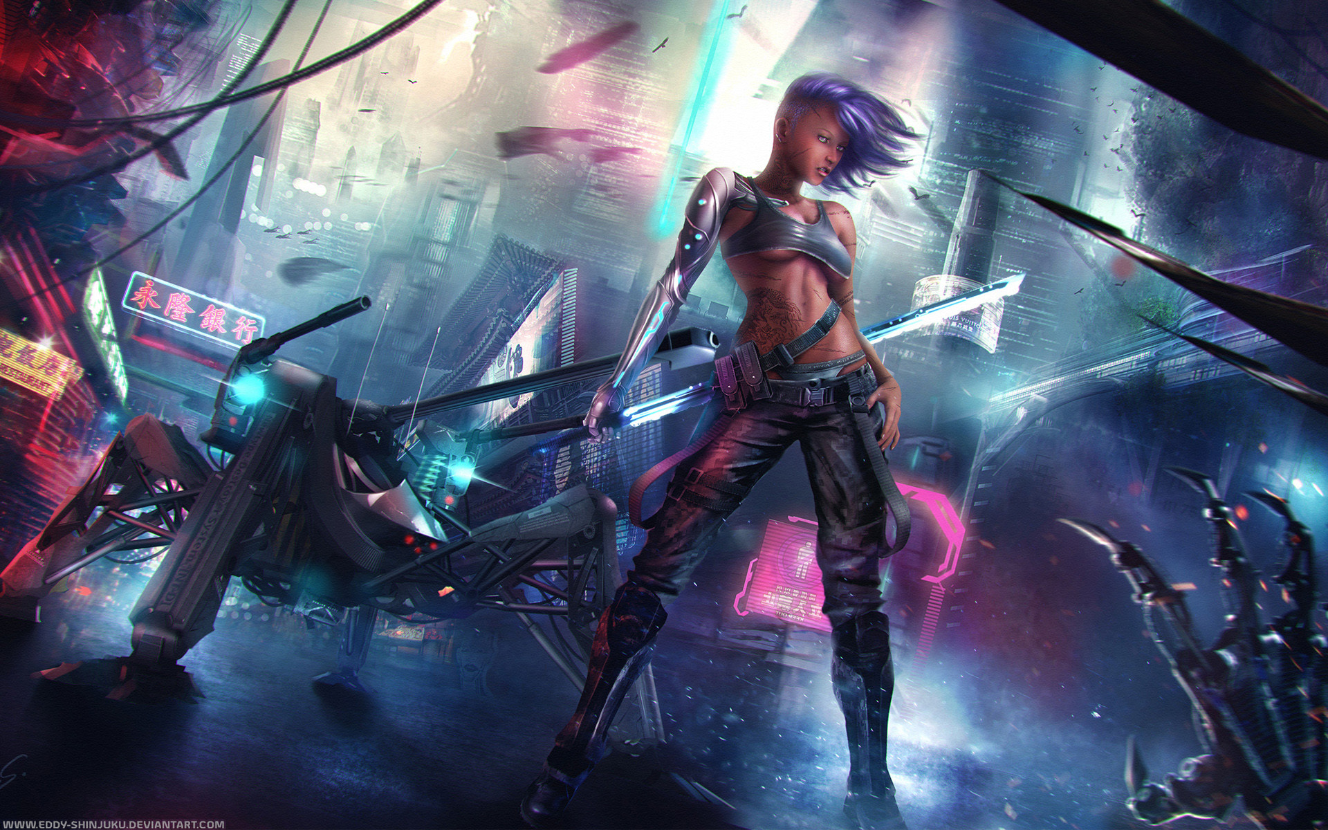 Ragazza cyberpunk, Cyborg, Neon, Arte digitale, 16:10 Full HD, sfondo widescreen