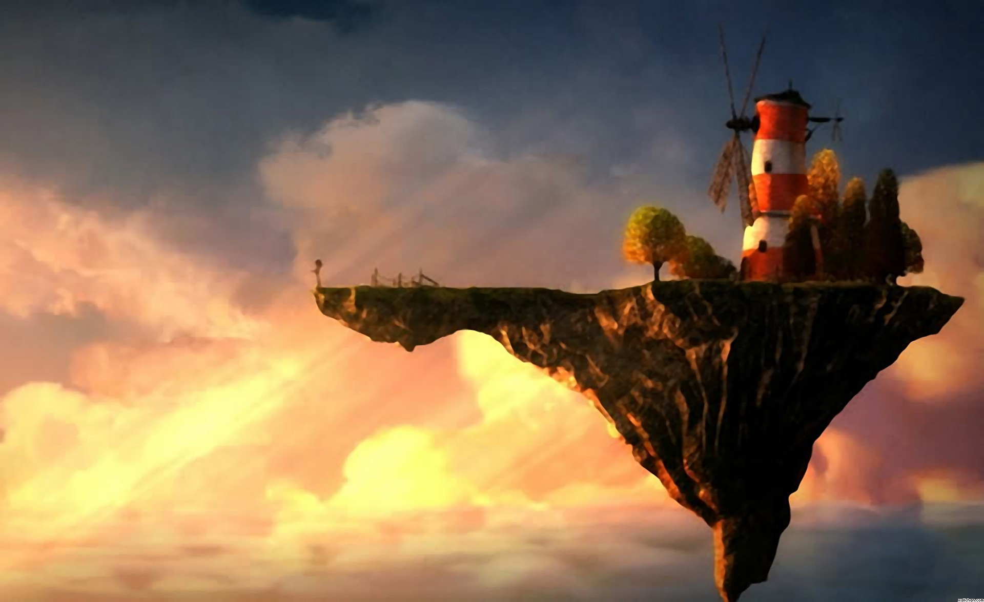 Gorillaz, Isola volante, Faro, Tramonto, Full HD, sfondo Windows 11