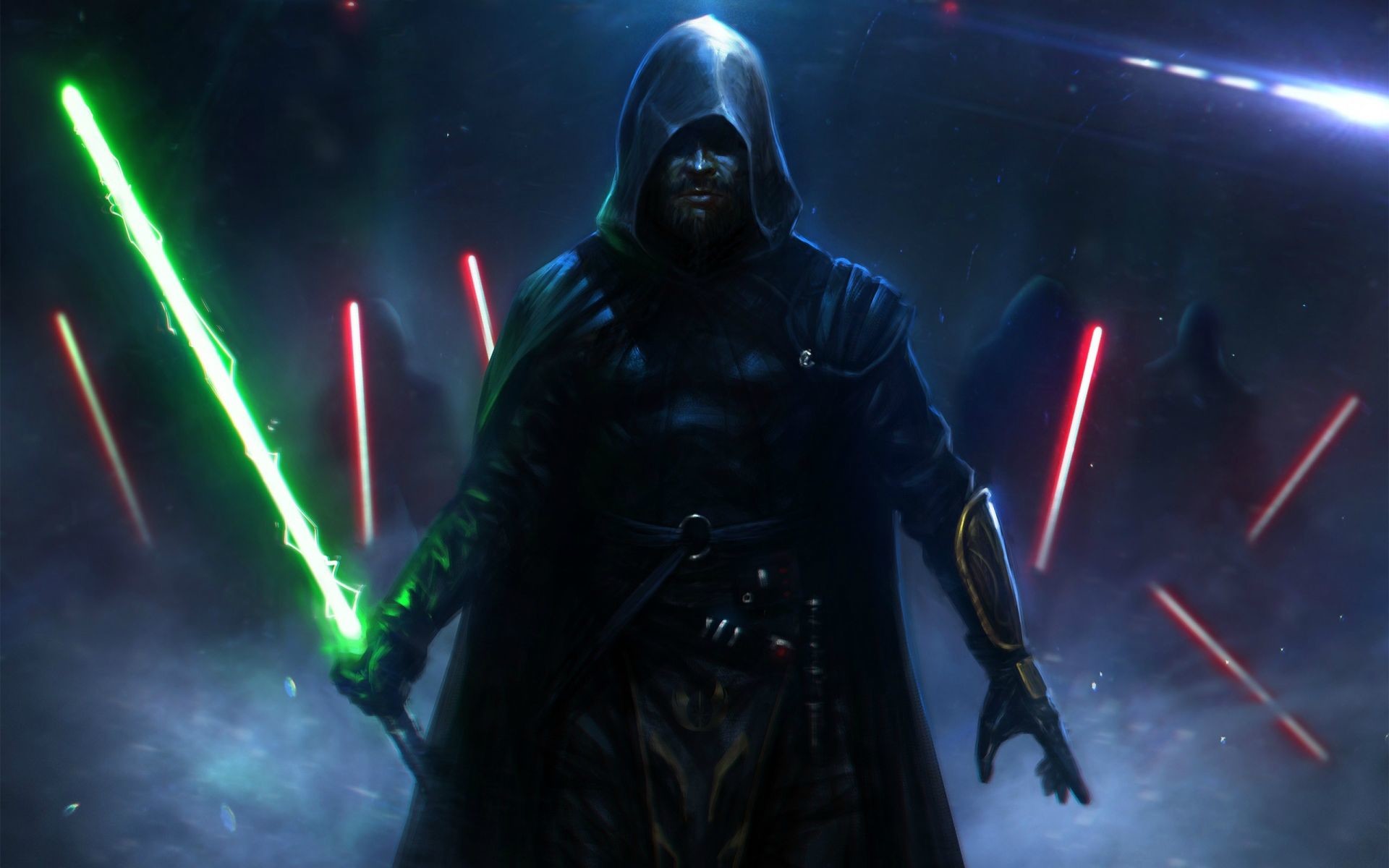 Jedi, Spada laser verde, Star Wars, Cappuccio, Fan art, Full HD, sfondo per portatile