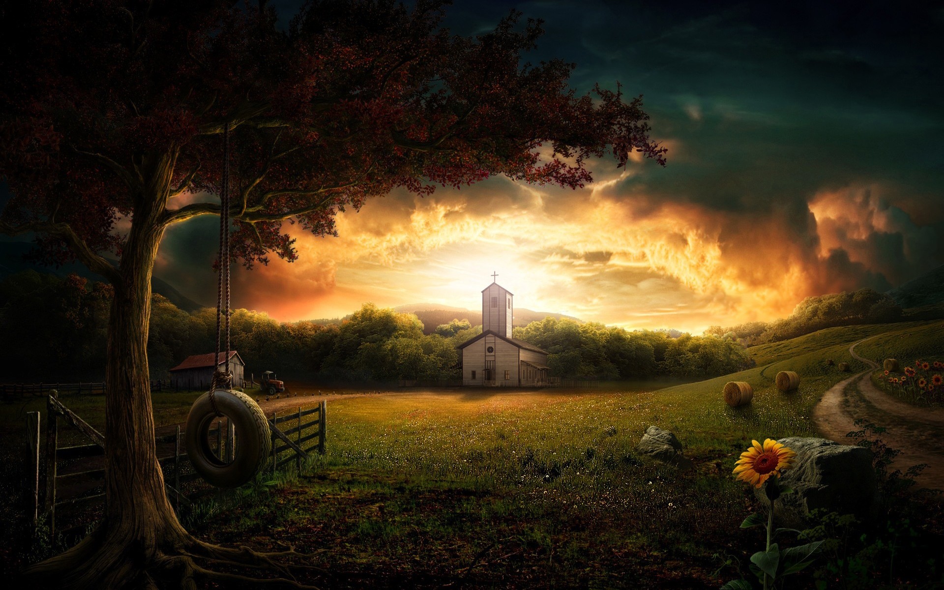 Chiesa, Albero, Altalena, Campagna, Arte fantasy, Tramonto, 16:10 Full HD, sfondo widescreen