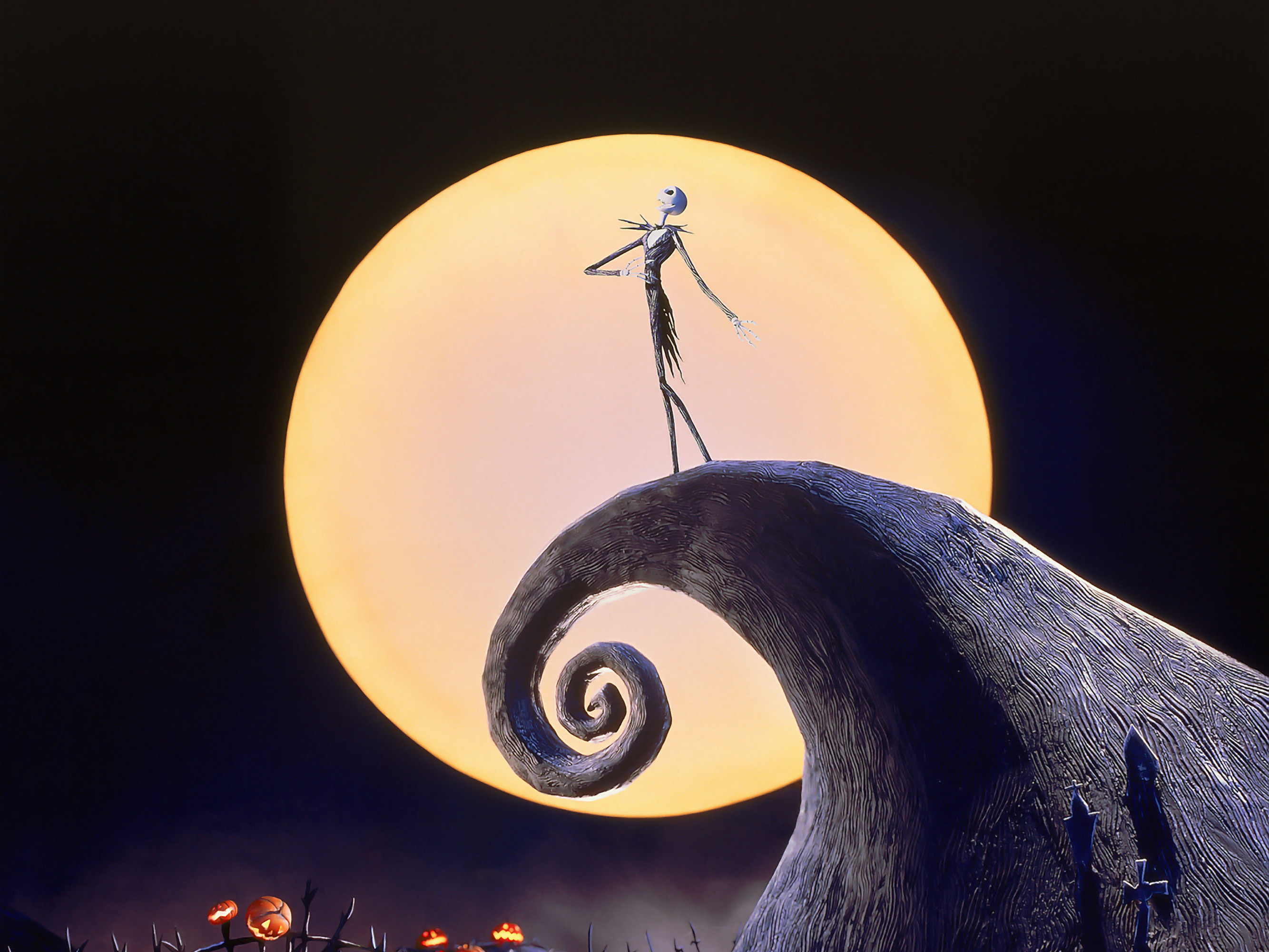 Jack Skeletron, Collina a spirale, Nightmare Before Christmas, Luna piena, sfondo 2K per tablet