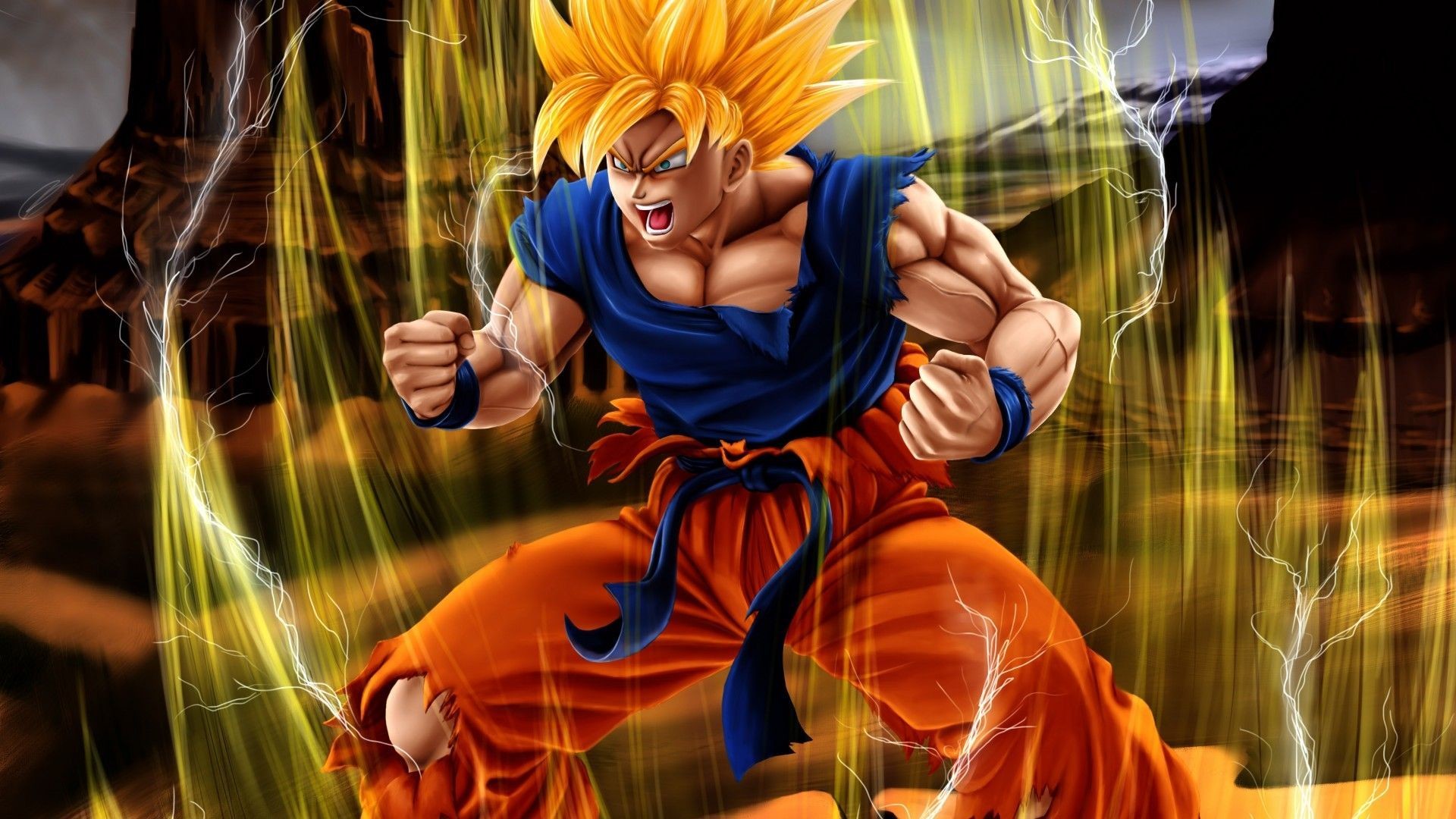 Son Goku, Super Saiyan, Dragon Ball Z, Aura, Fulmini, 1920x1080, immagine di sfondo