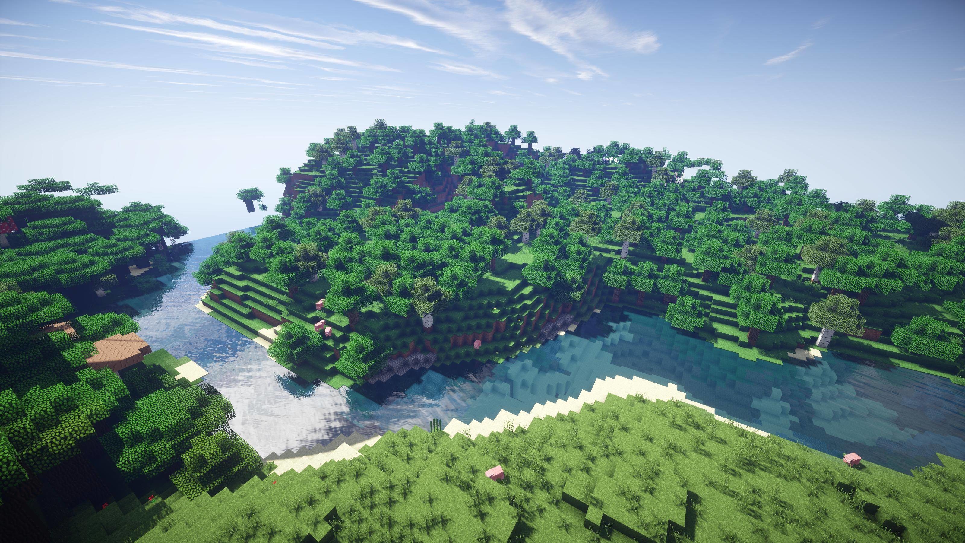 Minecraft, Isola, Foresta, Fiume, Paesaggio, 2K, sfondo per PC