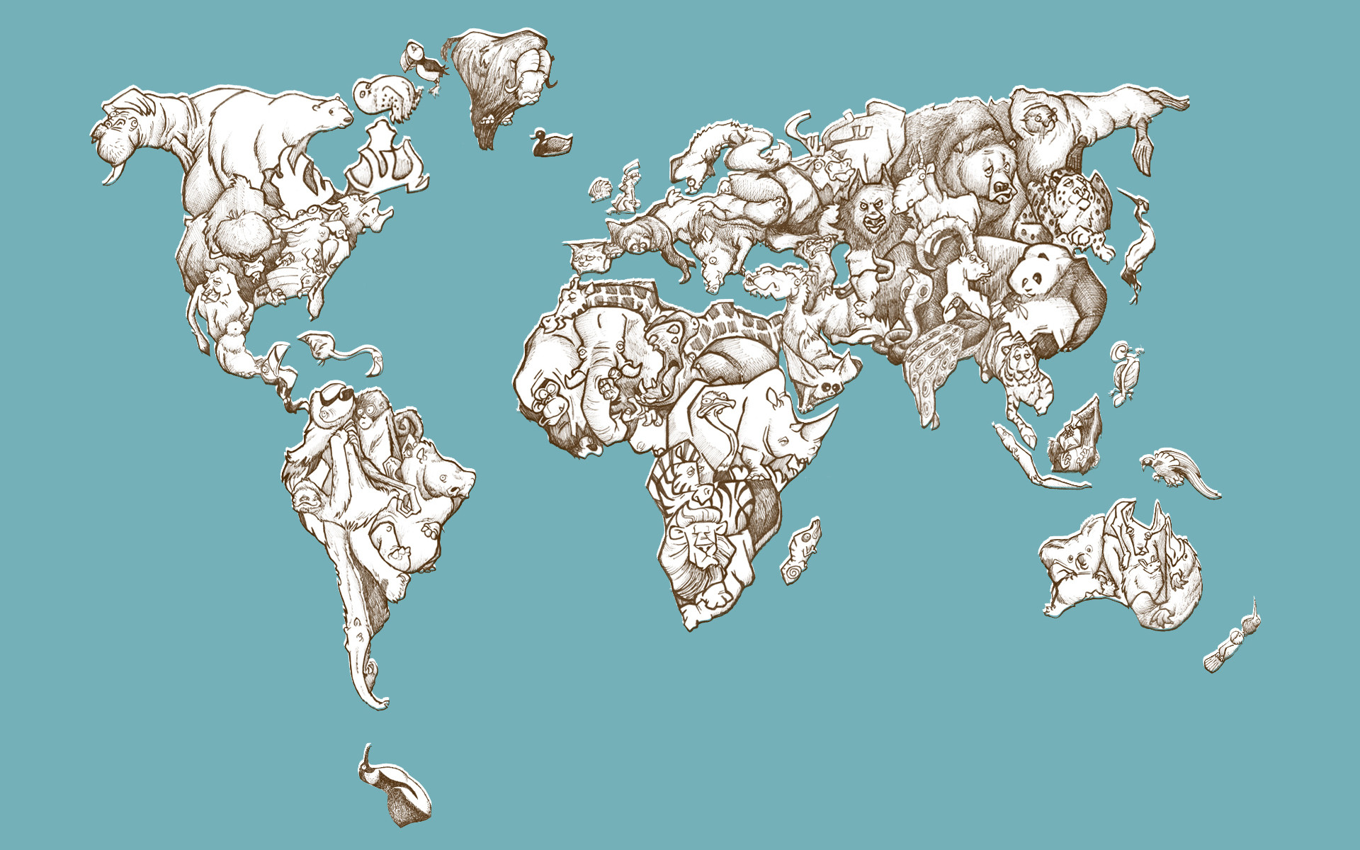 Mappa del mondo, Disegno a mano, Continenti, Illustrazione, Sfondo azzurro, wallpaper 1920x1200