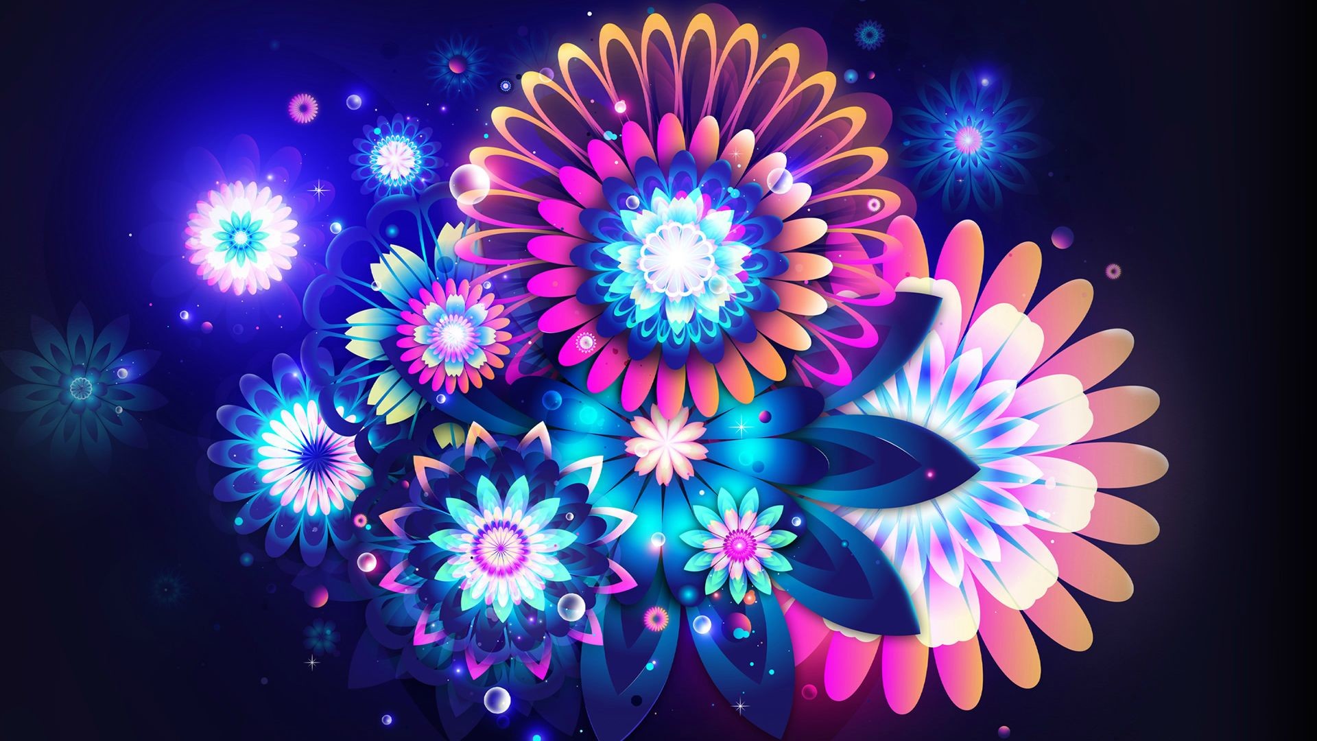Fiori psichedelici, Colori neon, Astratto, 16:9 Full HD, sfondo widescreen