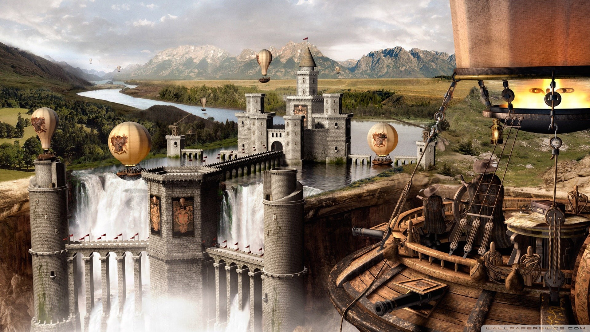 Castello, Cascate, Mongolfiere, Steampunk, Fantasy, Full HD, wallpaper per PC