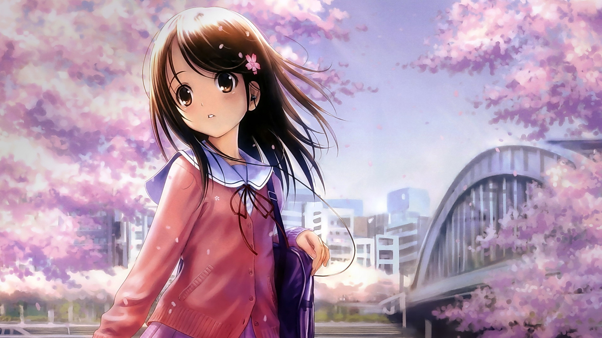 Ragazza anime, Ciliegi in fiore, Ponte, Uniforme scolastica, 1920x1080, wallpaper desktop