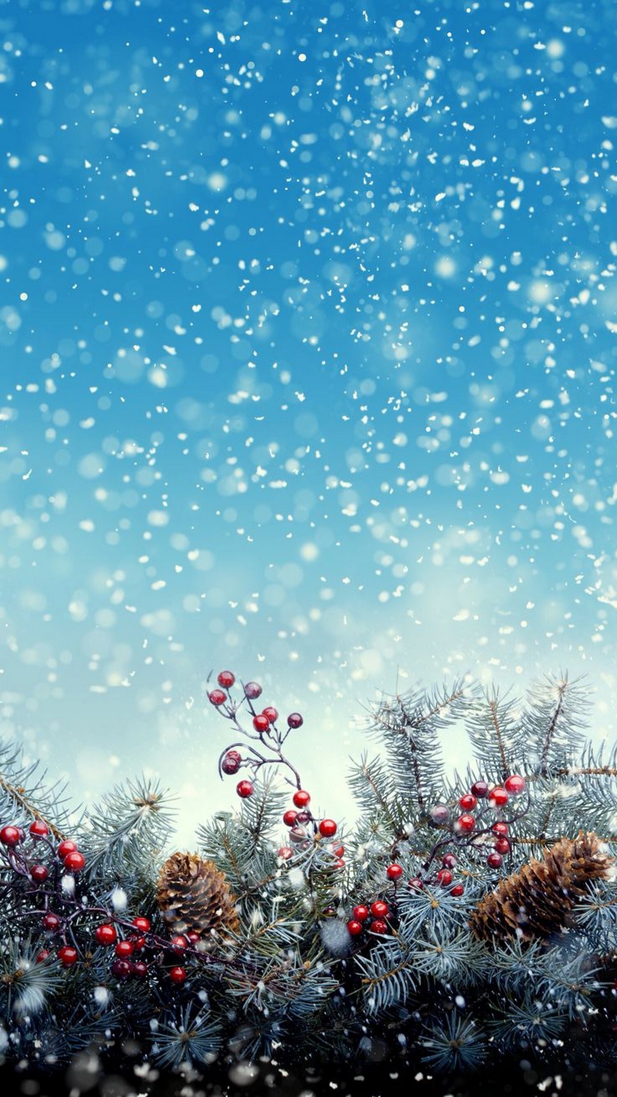 Neve, Inverno, Bacche rosse, Bokeh, Azzurro, sfondo iPhone 6S Full HD