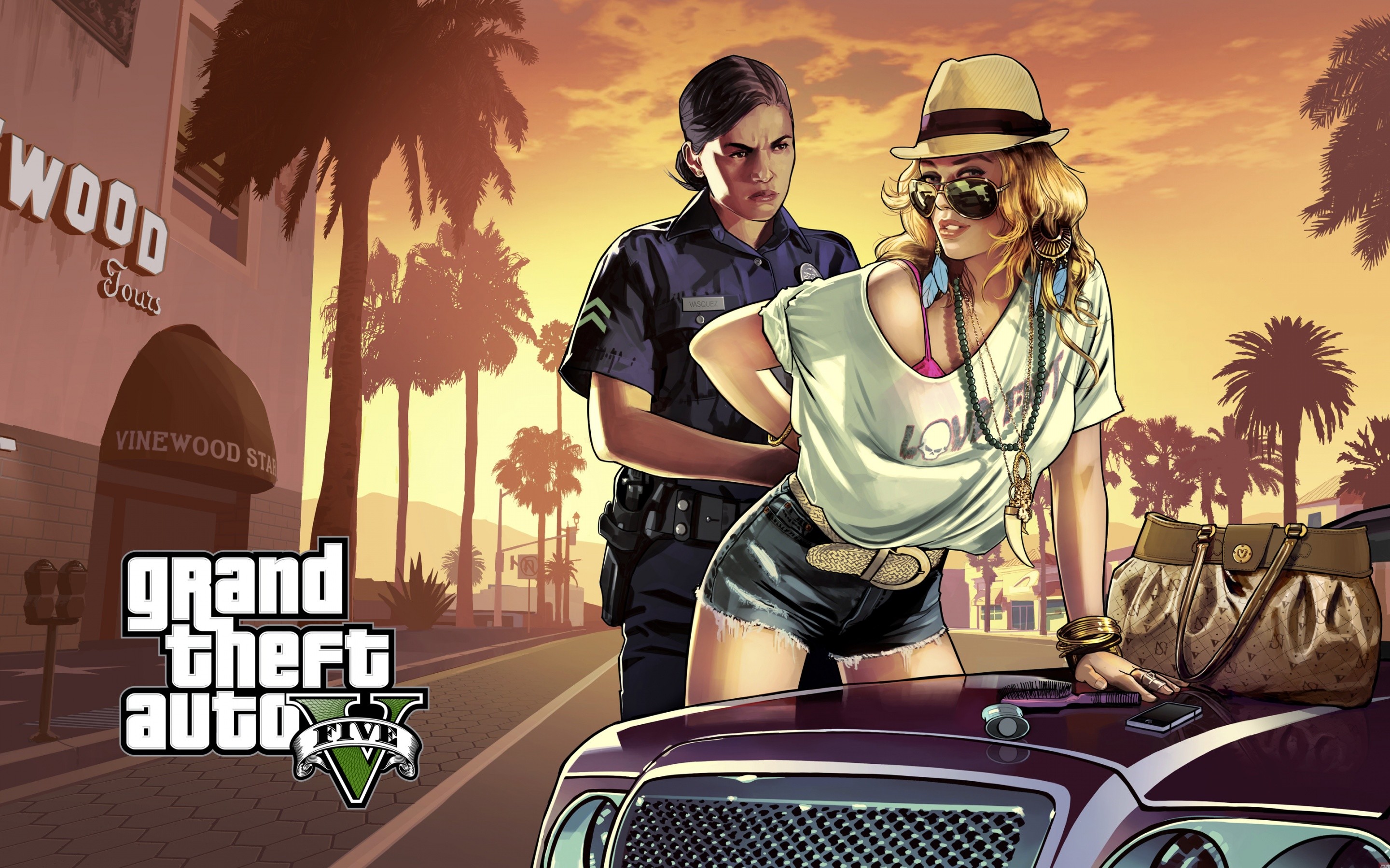 Grand Theft Auto V, Poliziotta, Arresto, Vinewood, Tramonto, 2K, sfondo per PC e portatile