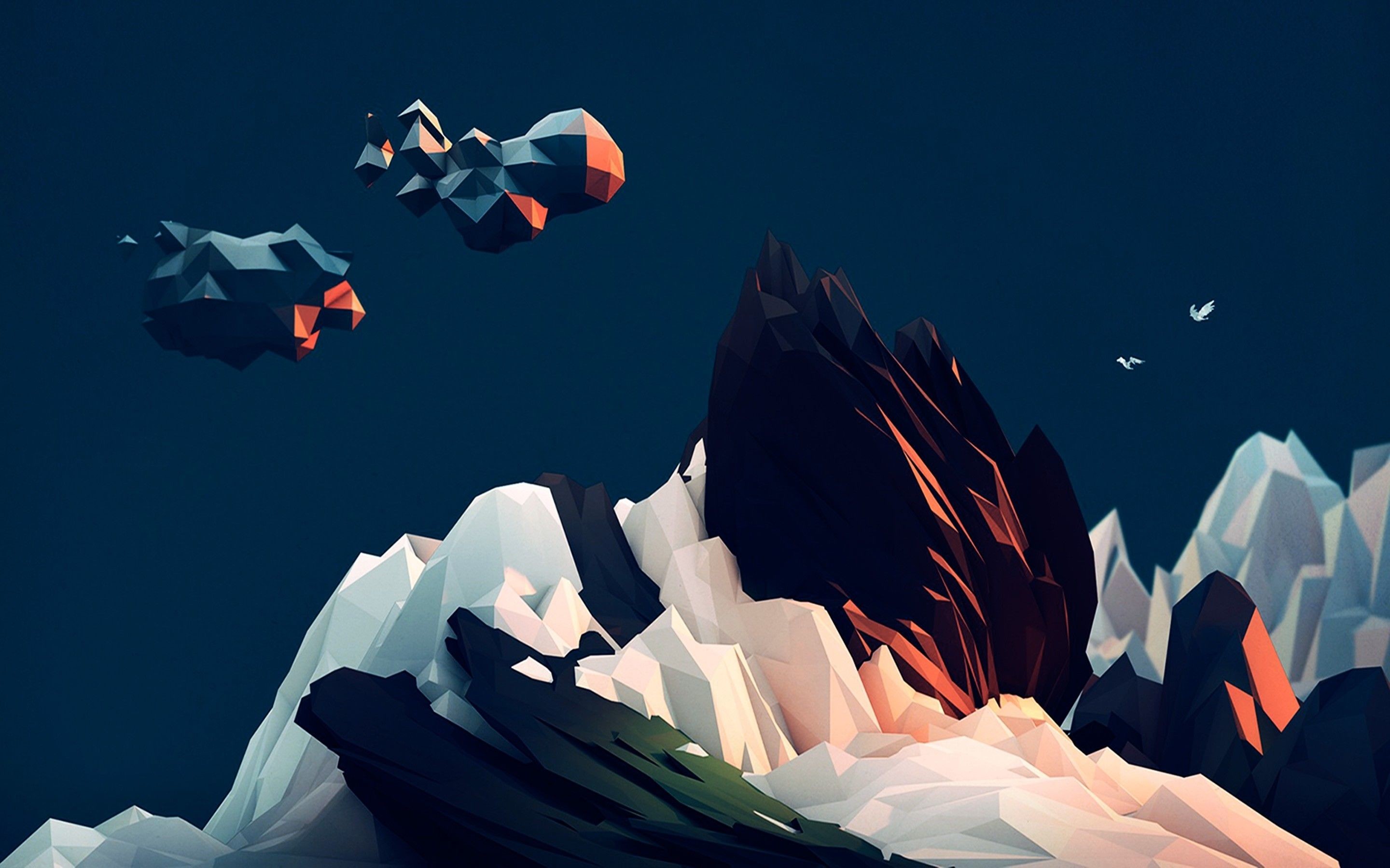 Low poly, Montagne innevate, Rocce volanti, Notte, 2880x1800, sfondo MacBook Pro