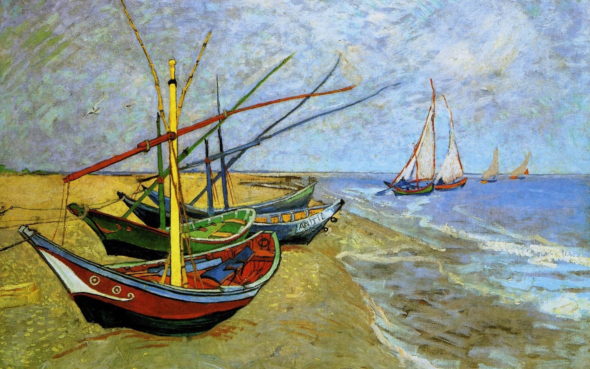 Barche da pesca sulla spiaggia di Saintes-Maries, Vincent van Gogh, Barche, Spiaggia, Mare, sfondo Full HD