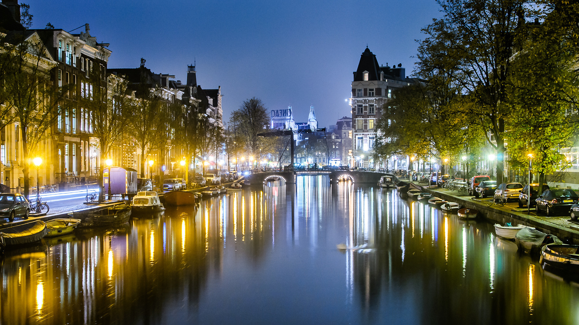 Amsterdam, Canale, Notte, Luci della città, Riflesso, 1920x1080, sfondo per PC