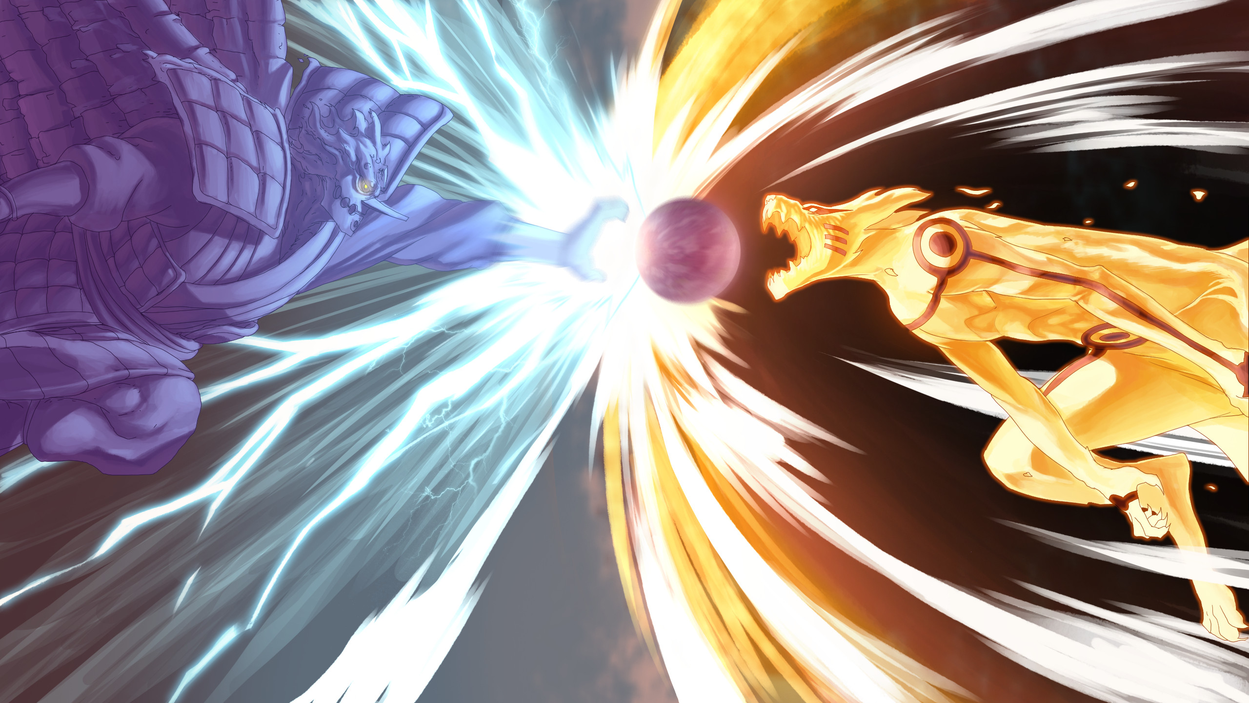 Sasuke Uchiha, Naruto Uzumaki, Susanoo, Kurama, Scontro, 16:9 2K, sfondo widescreen